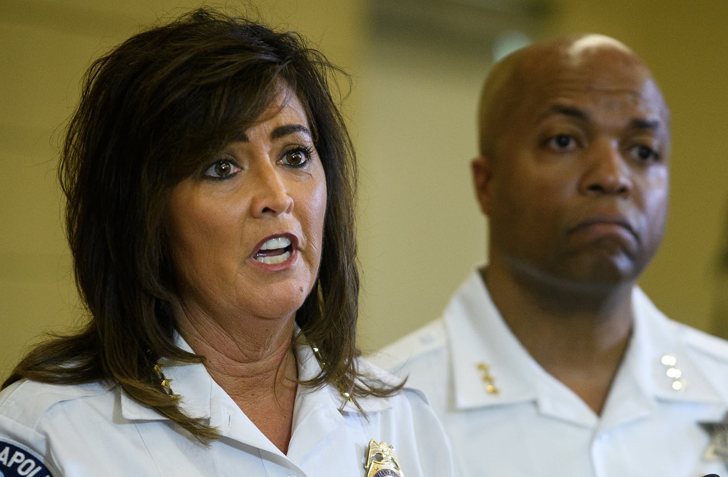 Minneapolis Police Chief Janee Harteau made her first remarks Thursday since the high-profile shooting death of Justine Damond. Behind Harteau was Assistant Chief Medaria Arradondo.