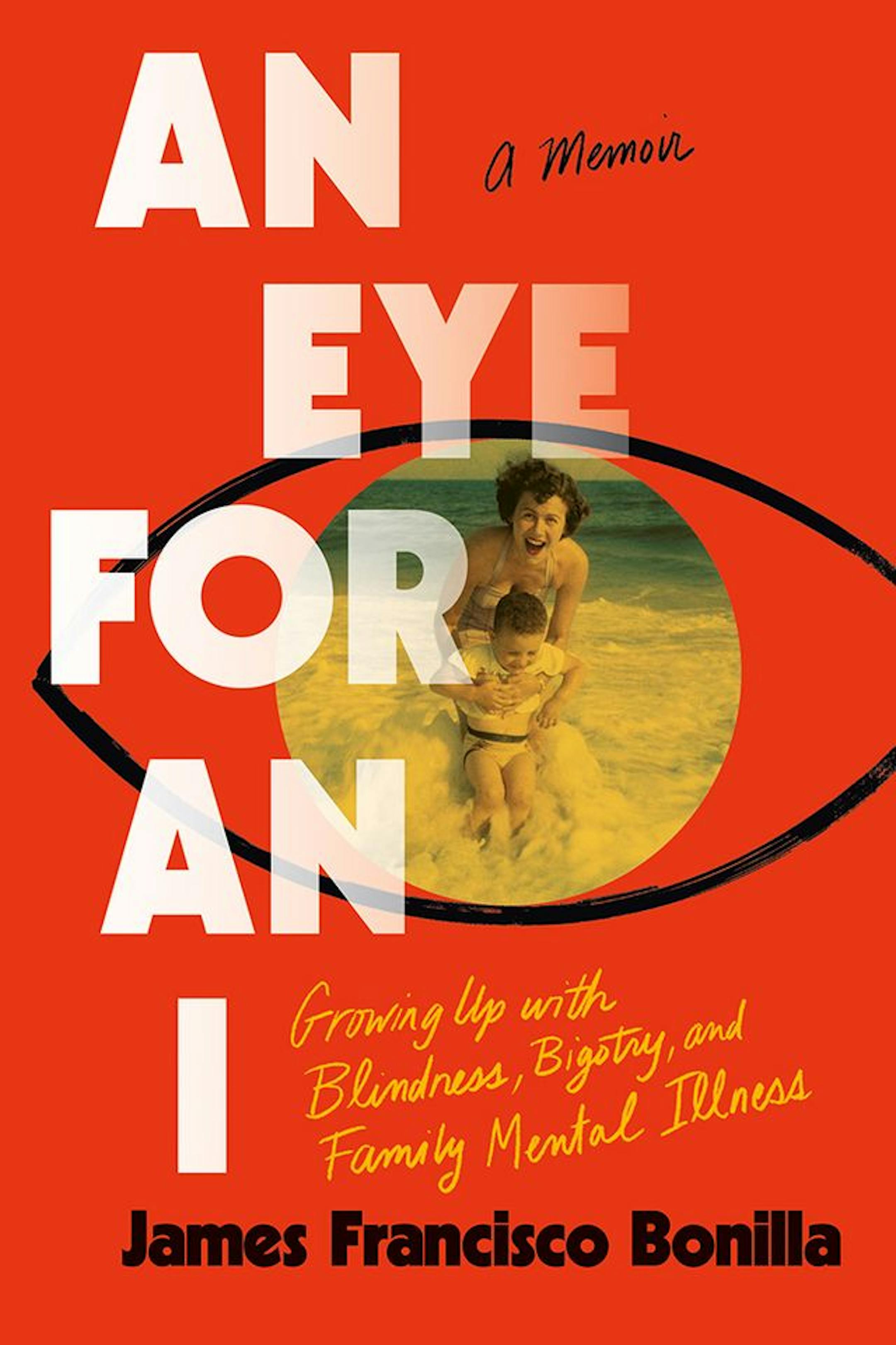 cover of An Eye for an I is red, with a drawing of an eye and a faded photo of a mother and child at the beach