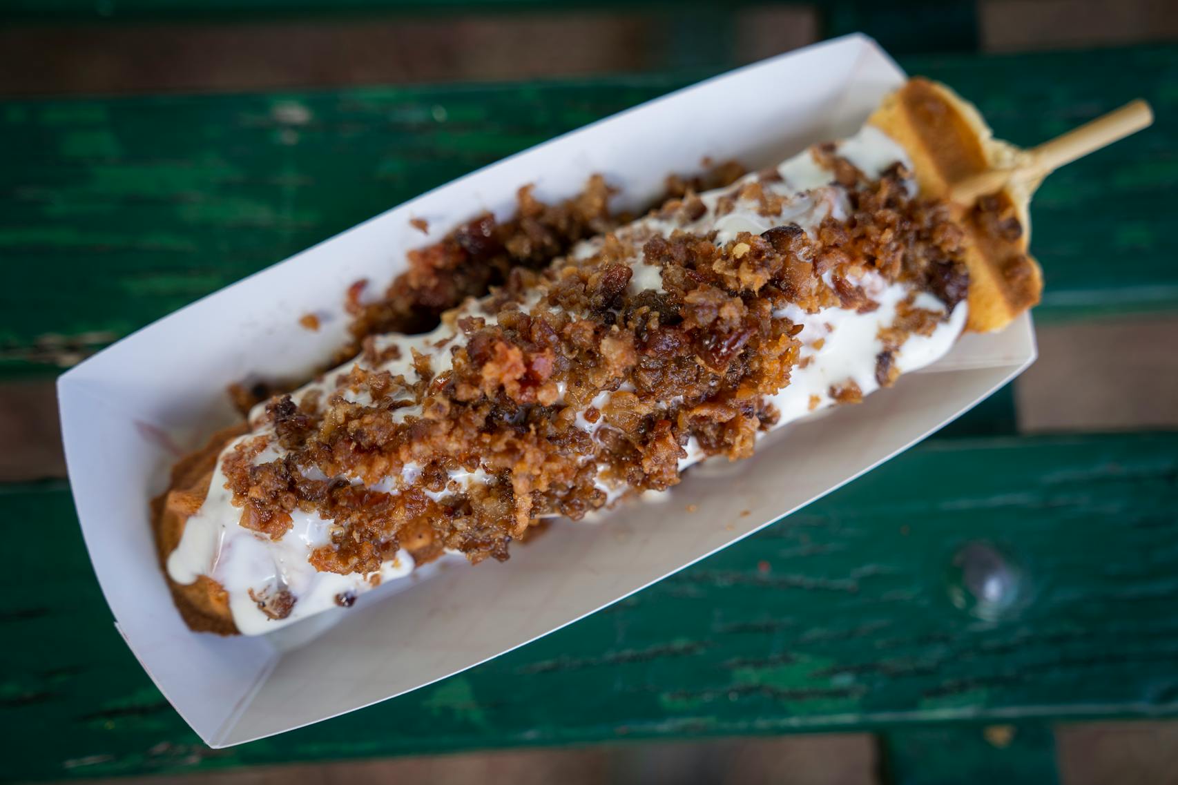 Chicken Bacon Ranch Waffle Stick from Waffle Chix. The new foods of the 2023 Minnesota State Fair photographed on the first day of the fair in Falcon Heights, Minn. on Tuesday, Aug. 8, 2023. ] LEILA NAVIDI • leila.navidi@startribune.com