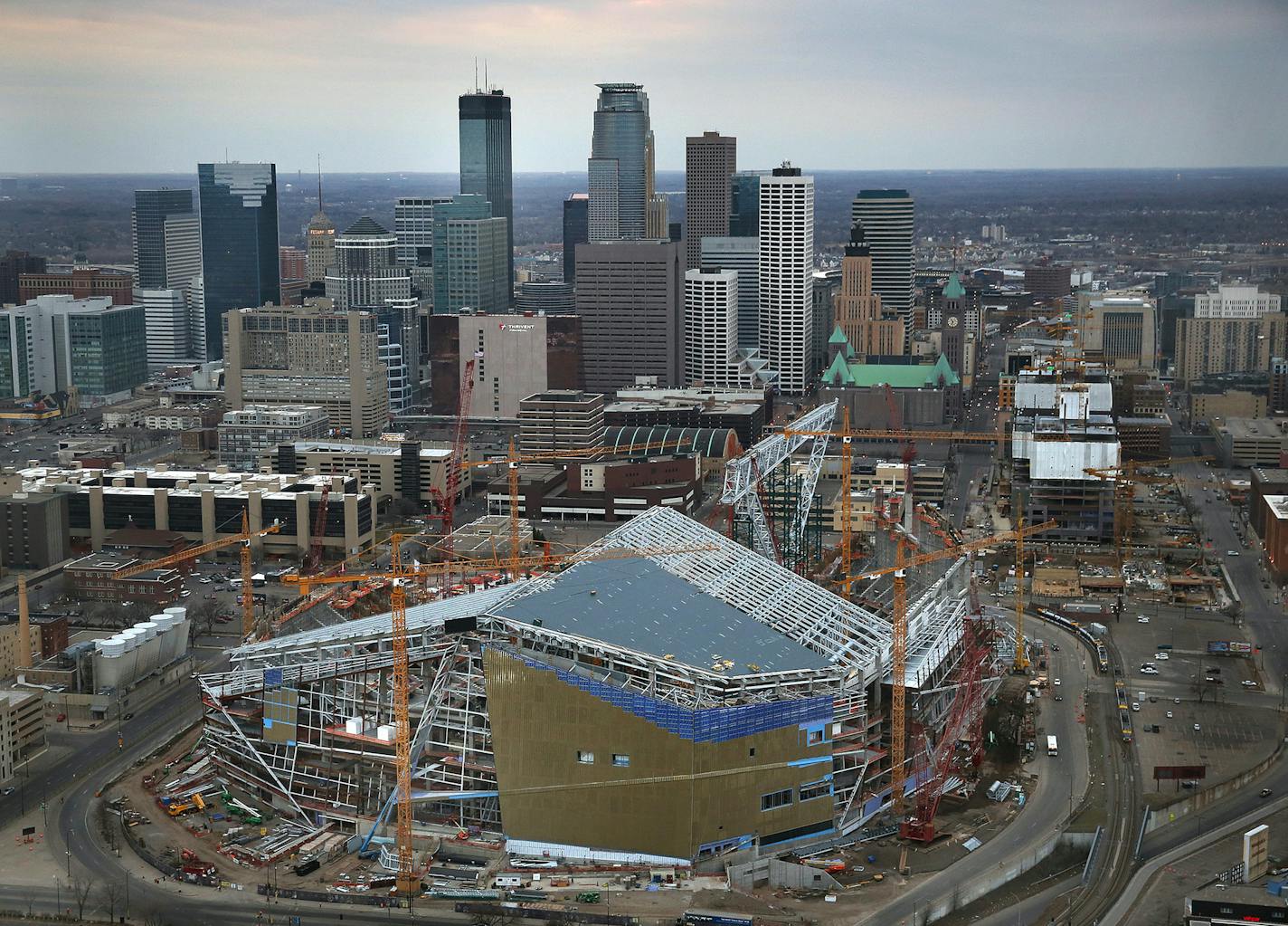 Work continues on the new Vikings Stadium in downtown Minneapolis. ] JIM GEHRZ &#xef; james.gehrz@startribune.com / Minneapolis, MN / March 19, 2015 /6:00 PM