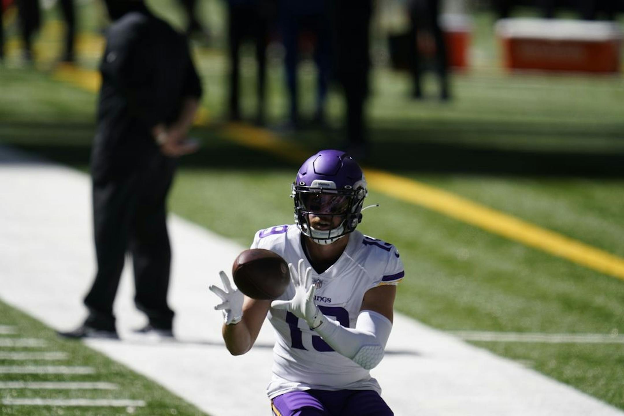 Minnesota Vikings wide receiver Adam Thielen (19) makes a catch before an NFL football game against the Indianapolis Colts, Sunday, Sept. 20, 2020, in Indianapolis.