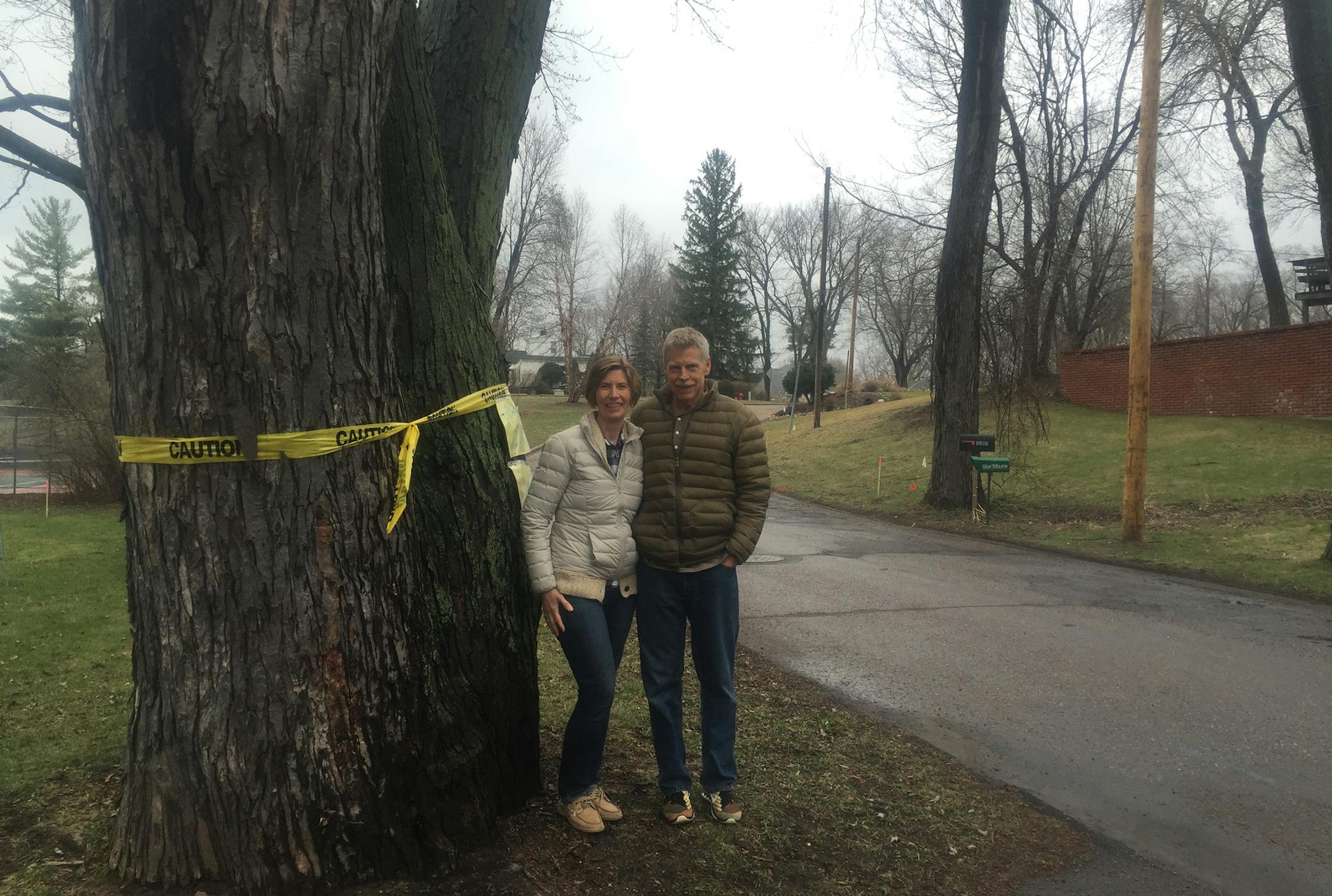 Mary and Joe Schmidt of Minnetonka near one of their neighborhood trees scheduled to be cut down. They’ve threatened to get a restraining order to save the trees, which “are priceless to us.”