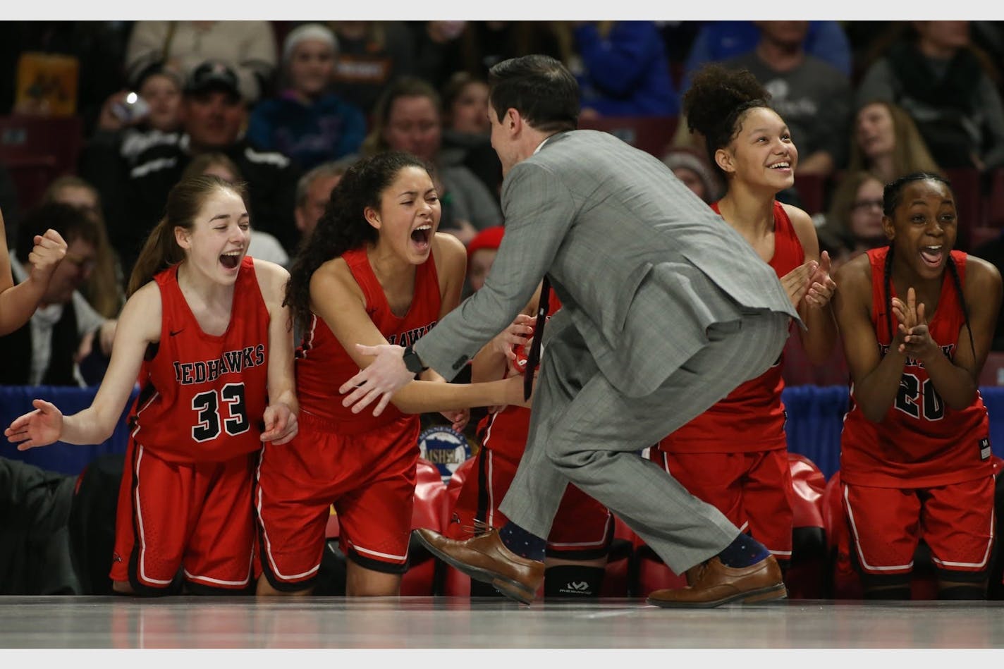 Minnehaha Academy celebrated winning the Class 2A girls' basketball title in 2019.