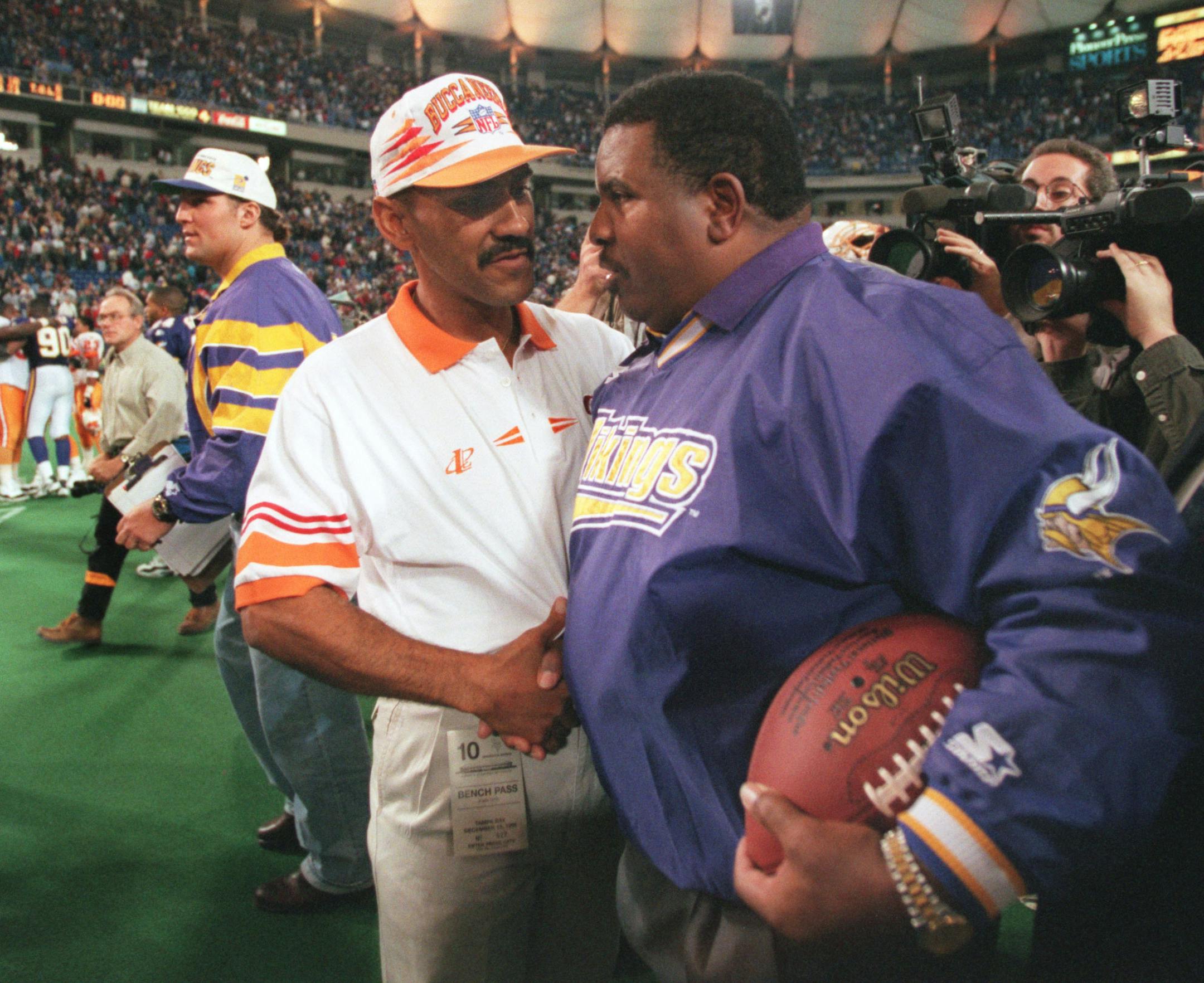 The Vikings won a decisive victory over Tampa Bay. -- Tony Dungy and Dennis Green exchanged pleasantries after the game