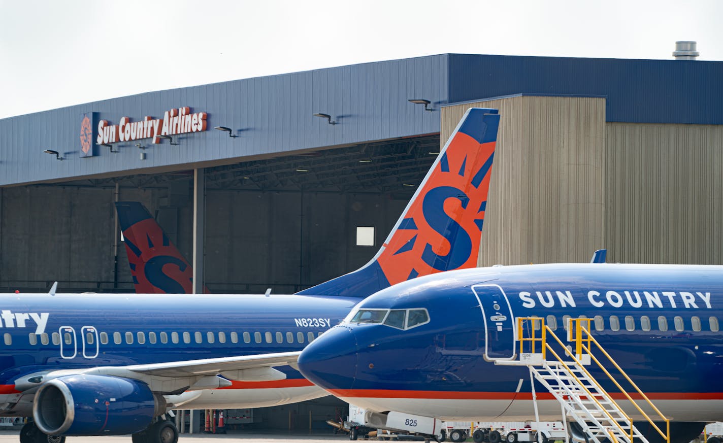 Sun Country planes on the tarmac at Minneapolis-St Paul International Airport at the airline's maintenance facility.