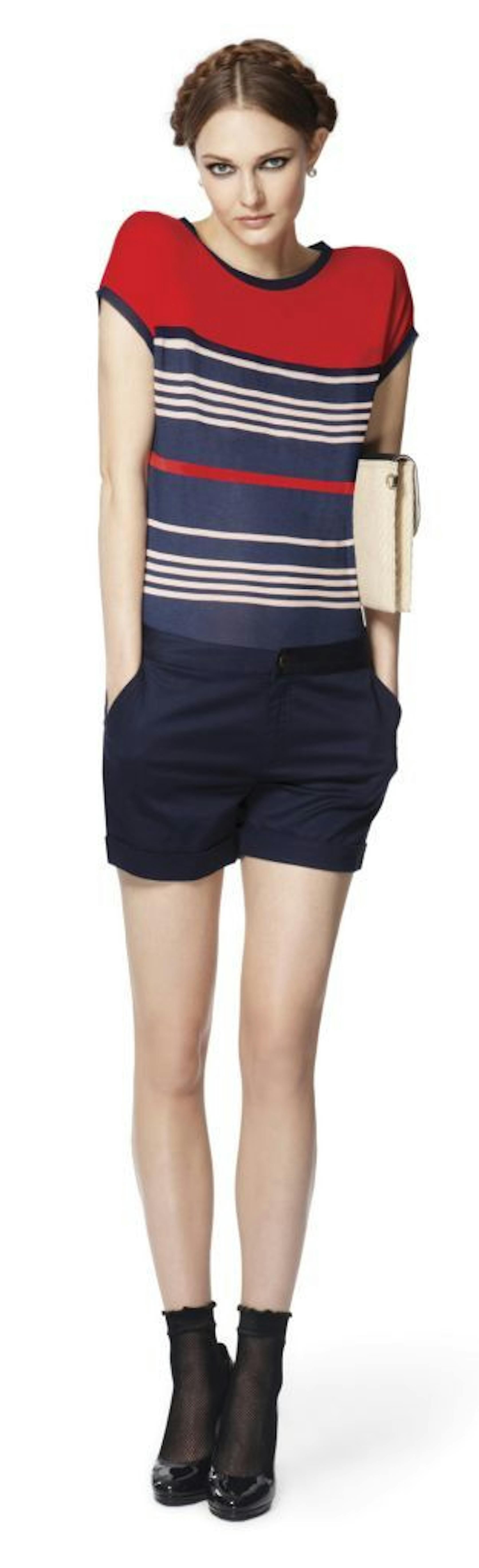 Jason Wu for Target. Short-Sleeved Tee in Navy/Red Stripes, $ 19.99 Cuffed Shorts in Admiral Blue, $26.99 (Available at Target.com only) Straw and Canvas Clutch in Cream, $29.99
