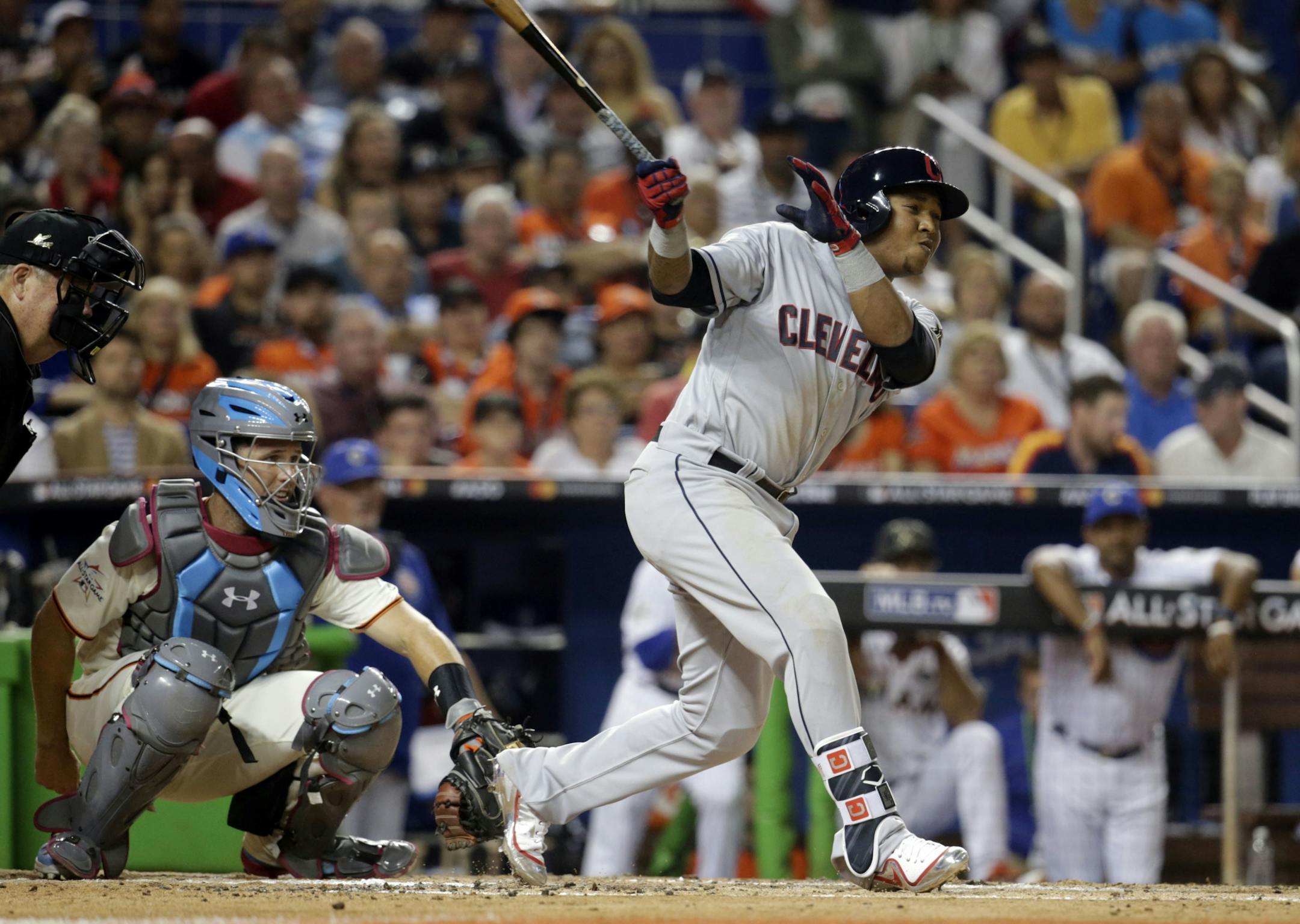 American League's Cleveland Indians Jos� Ramlrez (11), singles during the third inning, at the MLB baseball All-Star Game, Tuesday, July 11, 2017, in Miami.