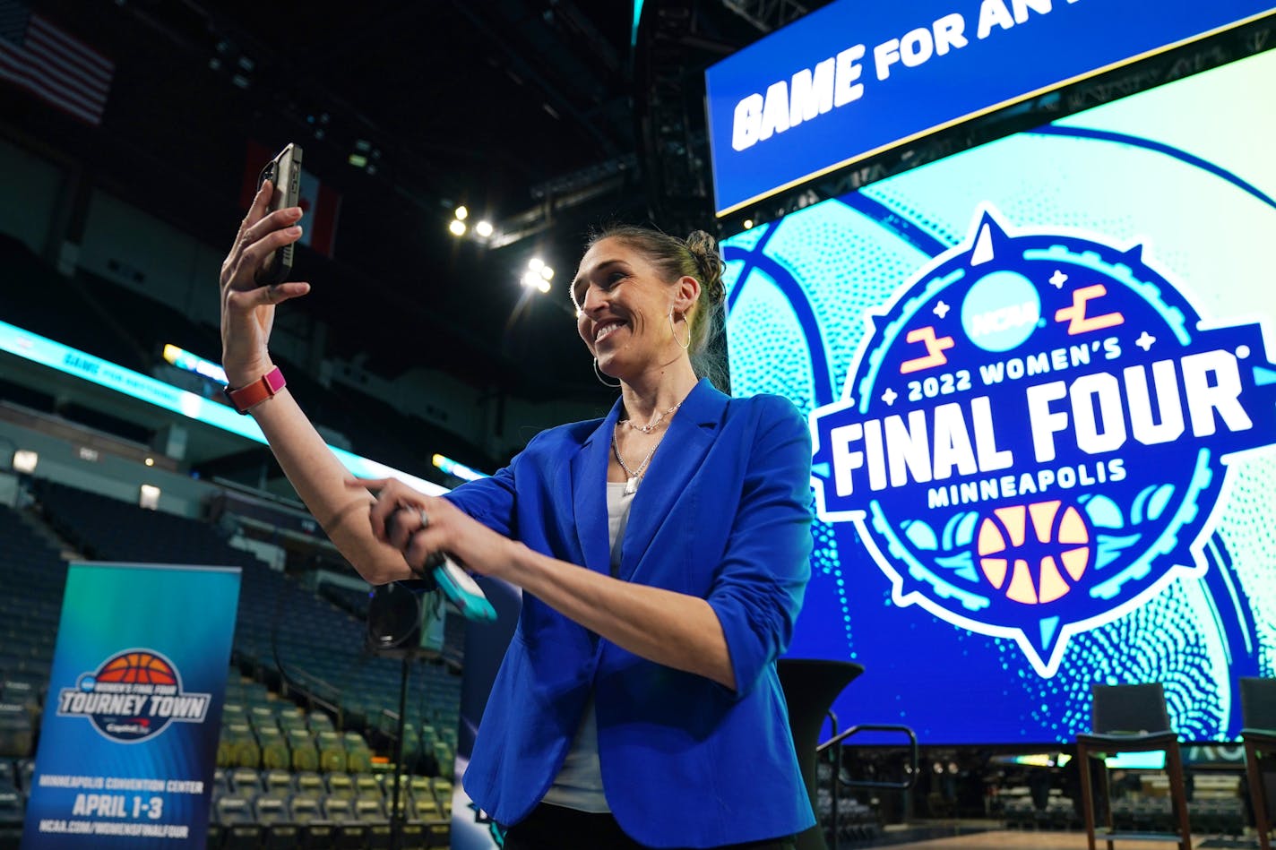 Rebecca Lobo films a promotional social media video following a press conference to mark 40 days out from the NCAA Women's Final Four that will be held in Minneapolis.