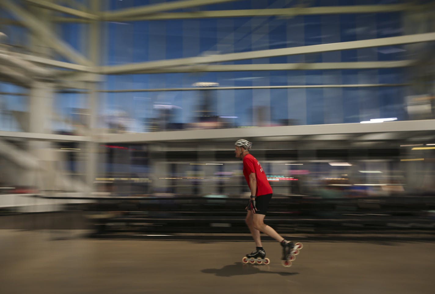 A skater bladed around the concourse Tuesday evening at U.S. Bank Stadium. ] JEFF WHEELER &#xef; jeff.wheeler@startribune.com Inline skating has begun in the concourse of U.S. Bank Stadium with more dates added through March 2017 due to popular demand. Hundreds of people skated during the family period from 5- 7 p.m. Tuesday night, December 27, 2016.