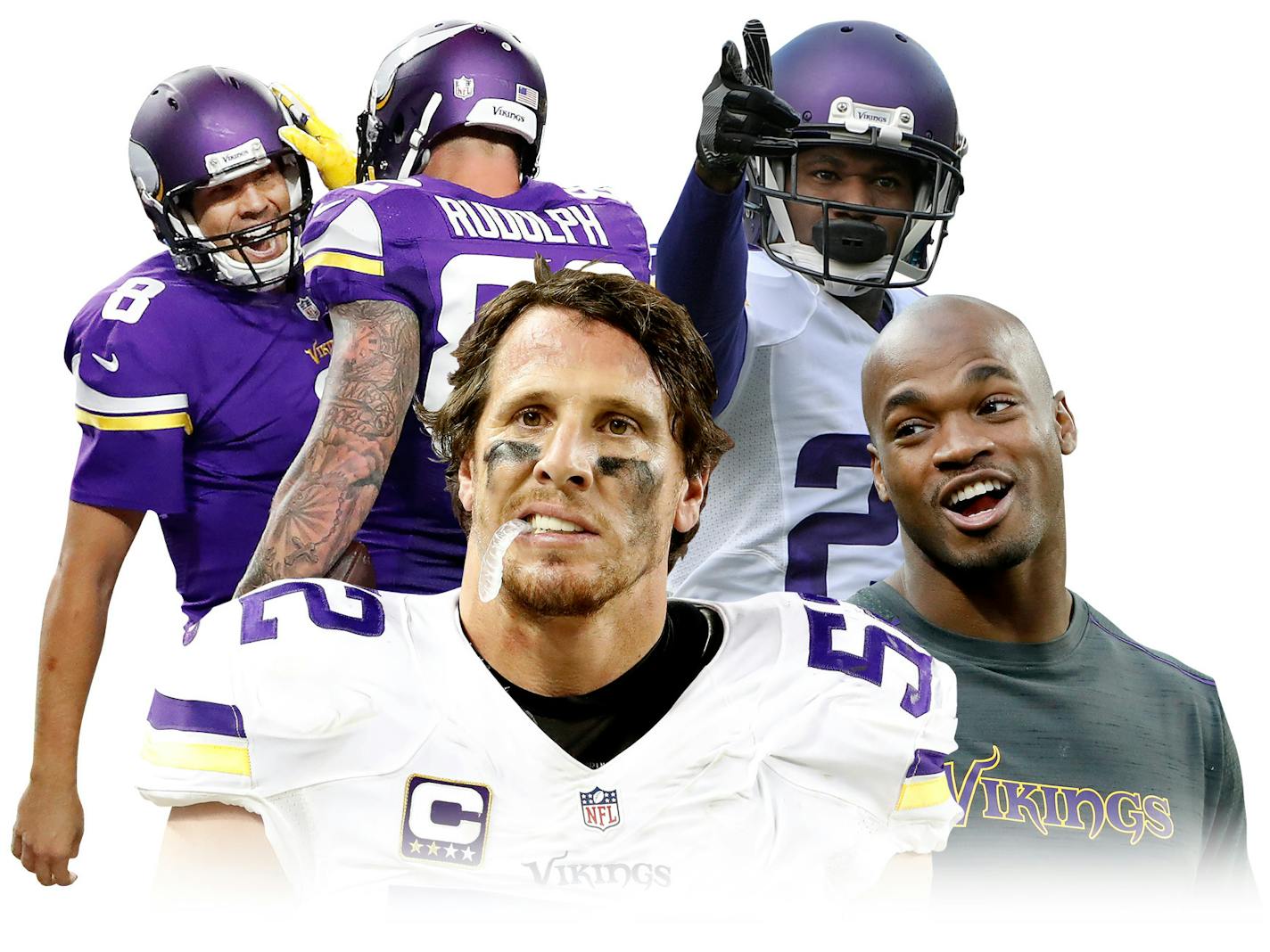 A busy Vikings offseason will include decisions on several veterans, including, clockwise from upper left, QB Sam Bradford, DB Terence Newman, RB Adrian Peterson and LB Chad Greenway.