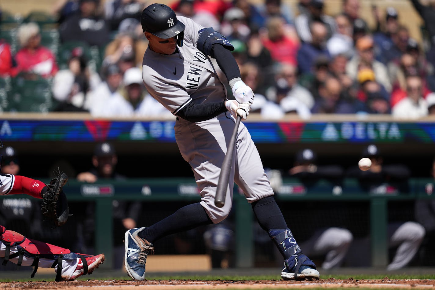 New York Yankees center fielder Aaron Judge (99) hits a double allowing three runs to score in the second inning of an MLB game between the Minnesota Twins and the New York Yankees Wednesday, April 26, 2023, at Target Field in Minneapolis. ] ANTHONY SOUFFLE • anthony.souffle@startribune.com