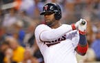 The Twins' Kennys Vargas took a practice swing on deck in the seventh inning of a baseball game against the Detroit Tigers on Tuesday. He went 0-for-4