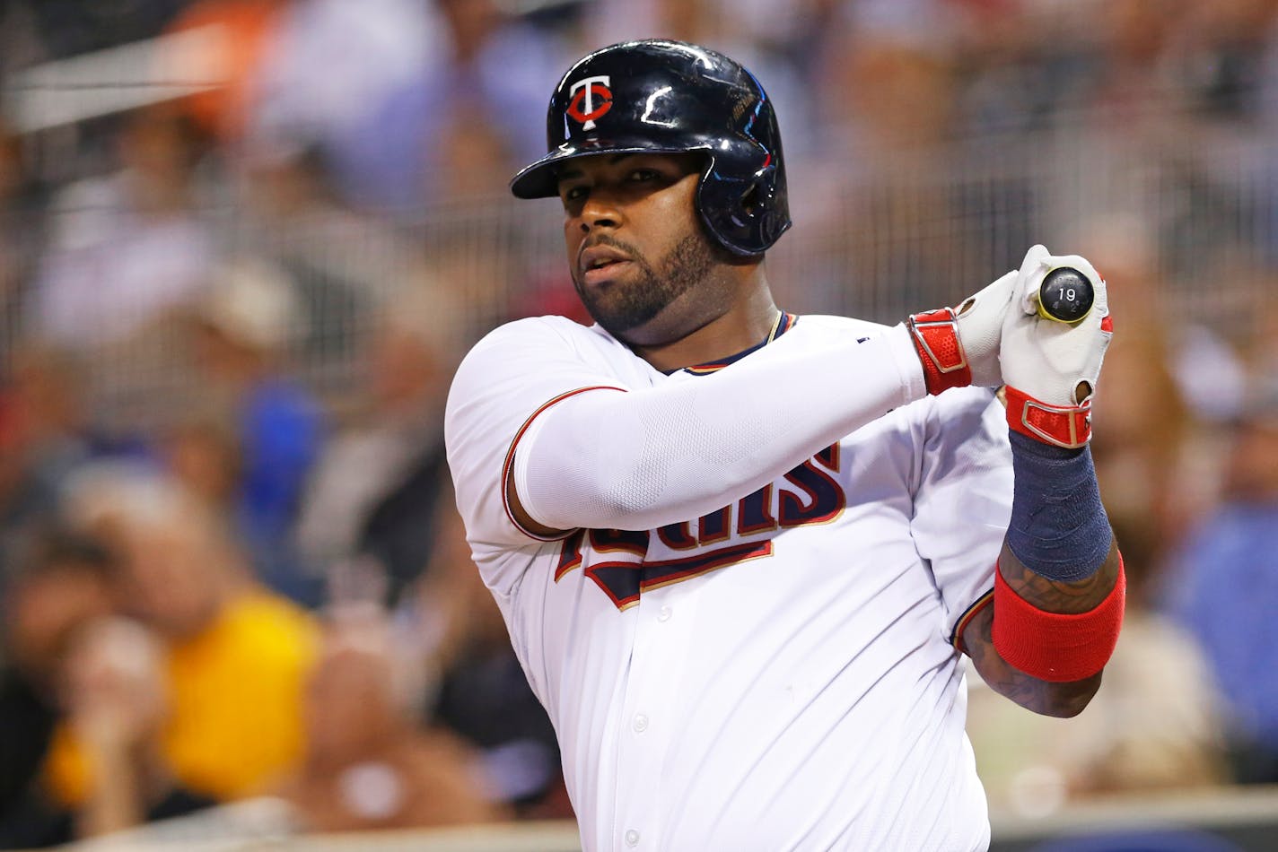 The Twins' Kennys Vargas took a practice swing on deck in the seventh inning of a baseball game against the Detroit Tigers on Tuesday. He went 0-for-4 with two strikeouts.