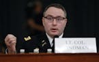 National Security Council aide Lt. Col. Alexander Vindman testifies before the House Intelligence Committee on Capitol Hill in Washington, Tuesday, No