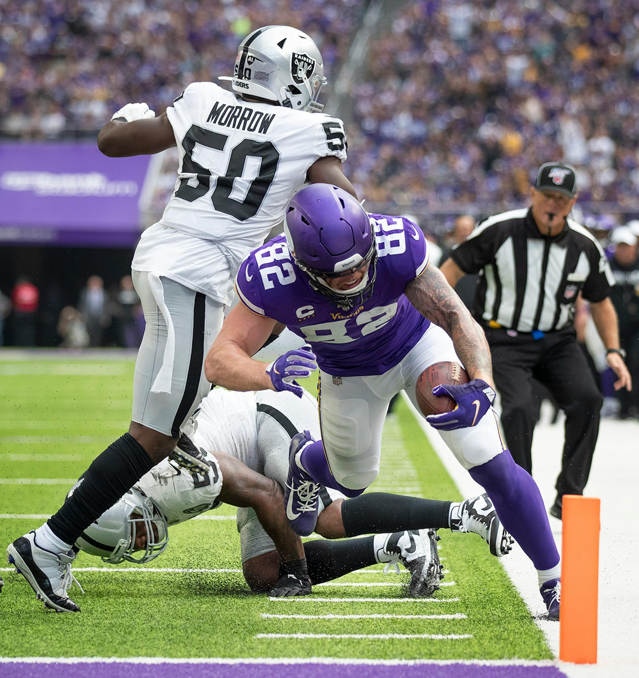 Minnesota Vikings tight end Kyle Rudolph (82) was forced out of bounds at the one yard line in the first half.