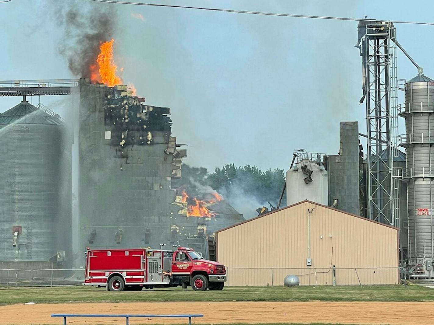 A grain elevator fire in Clinton, Minnesota.Photo courtesy Janine Teske.