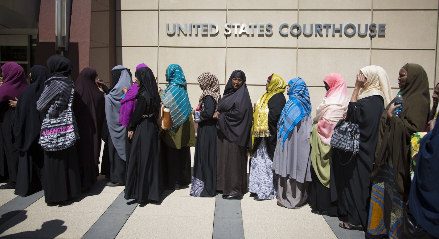 A group of women lined up outside at the Federal Courthouse in Minneapolis, Minn. for a hearing on the detention of Somali-American terrorism suspect Abdurahman Daud on Friday, May 22, 2015 ] RENEE JONES SCHNEIDER &#x2022; reneejones@startribune.com