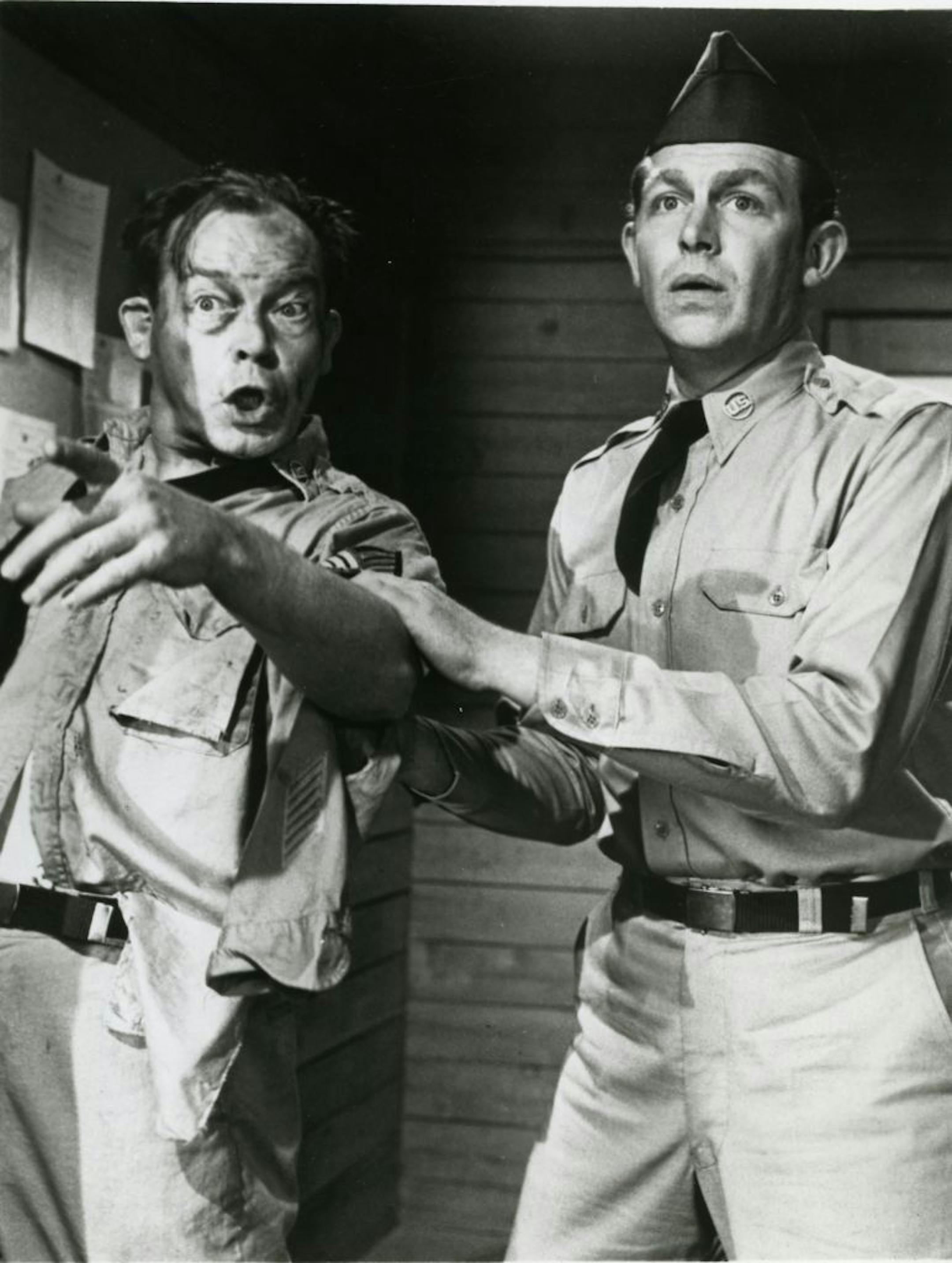Myron McCormick portrays the distraught sergeant driven frantic by the calm, naive backwoodsman, played by Andy Griffith, in "No Time for Sergeants."