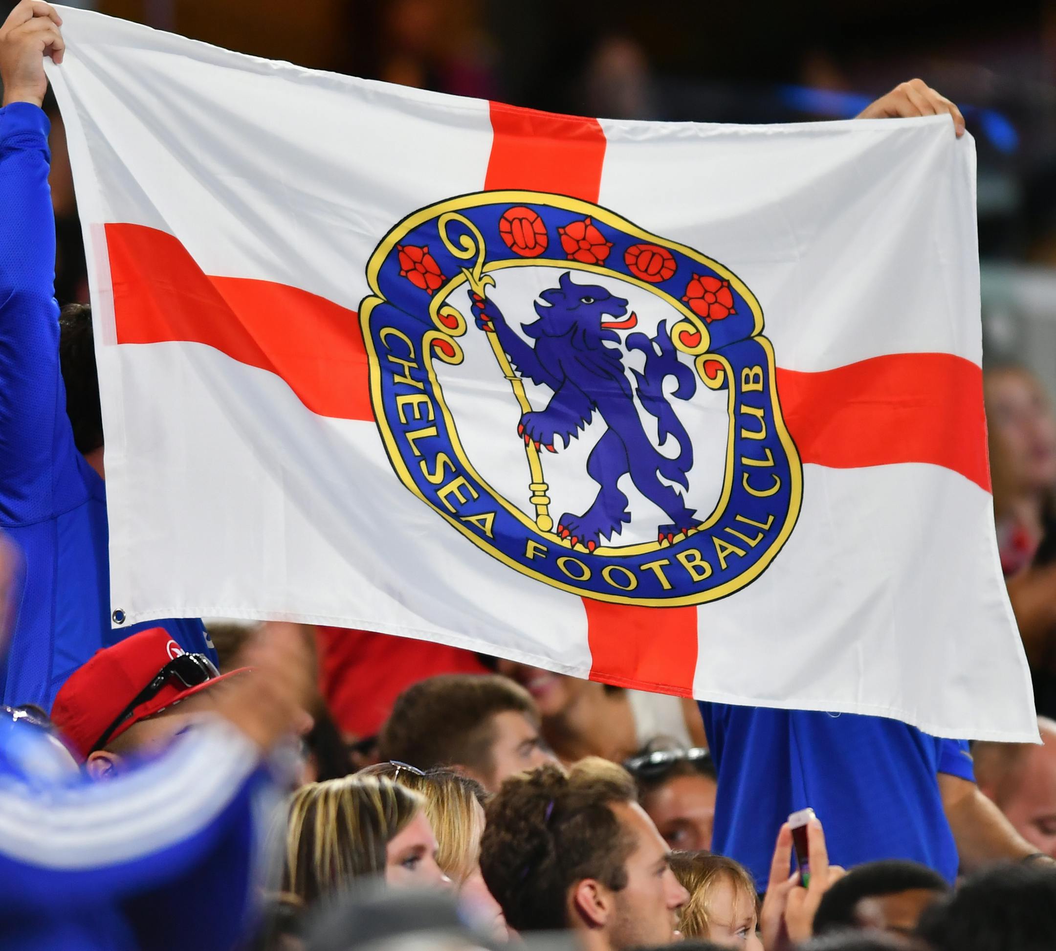 Chelsea fans waved a flag in the second half Wednesday. ] (AARON LAVINSKY/STAR TRIBUNE) aaron.lavinsky@startribune.com US Bank Stadium opened its doors for its first sporting event Wednesday, as AC Milan played Chelsea FC on Wednesday, August 3, 2016 in Minneapolis, Minn.