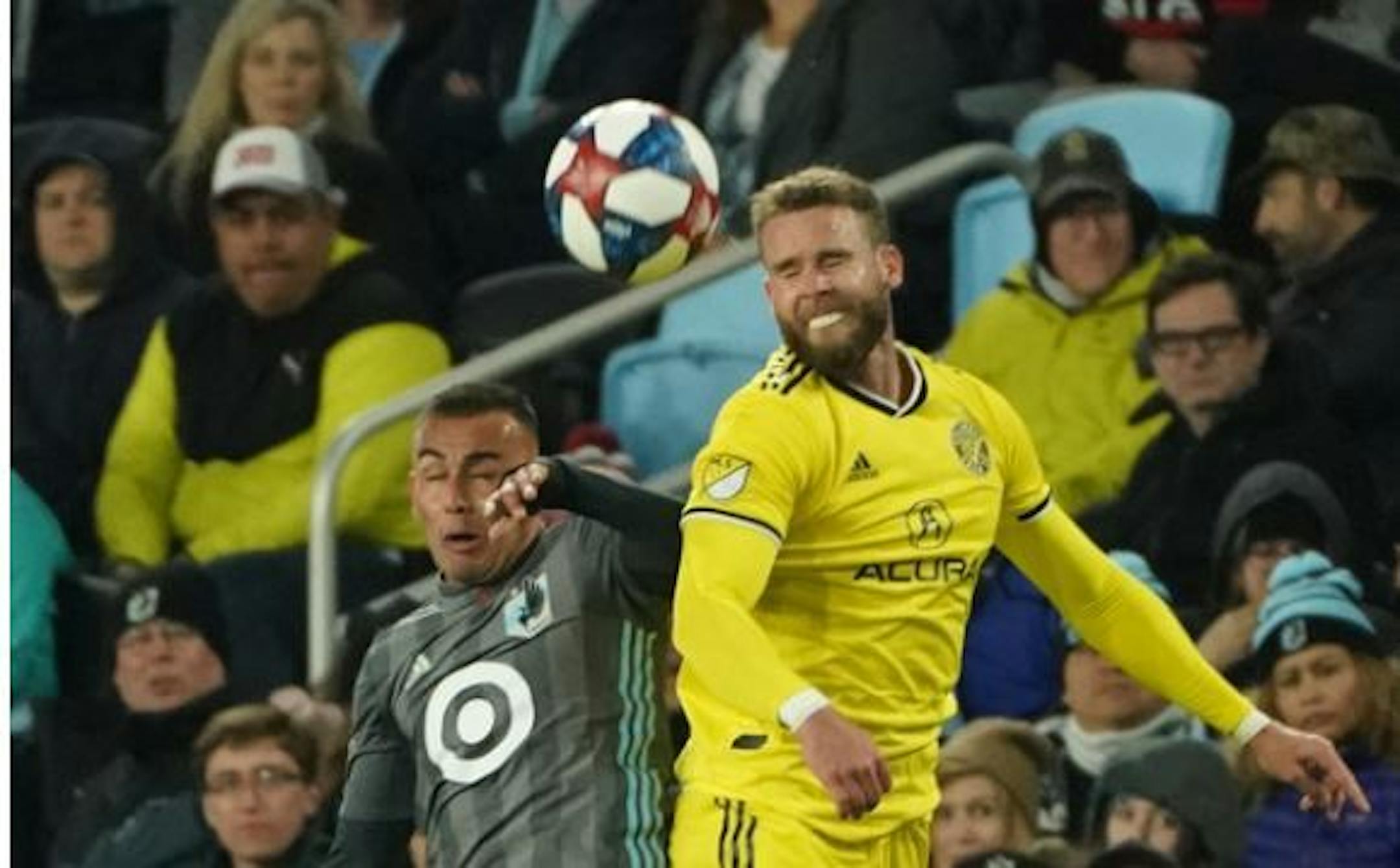Minnesota United midfielder Miguel Ibarra (10) and Columbus Crew defender Josh Williams (3) jumped to head the ball in the second half.