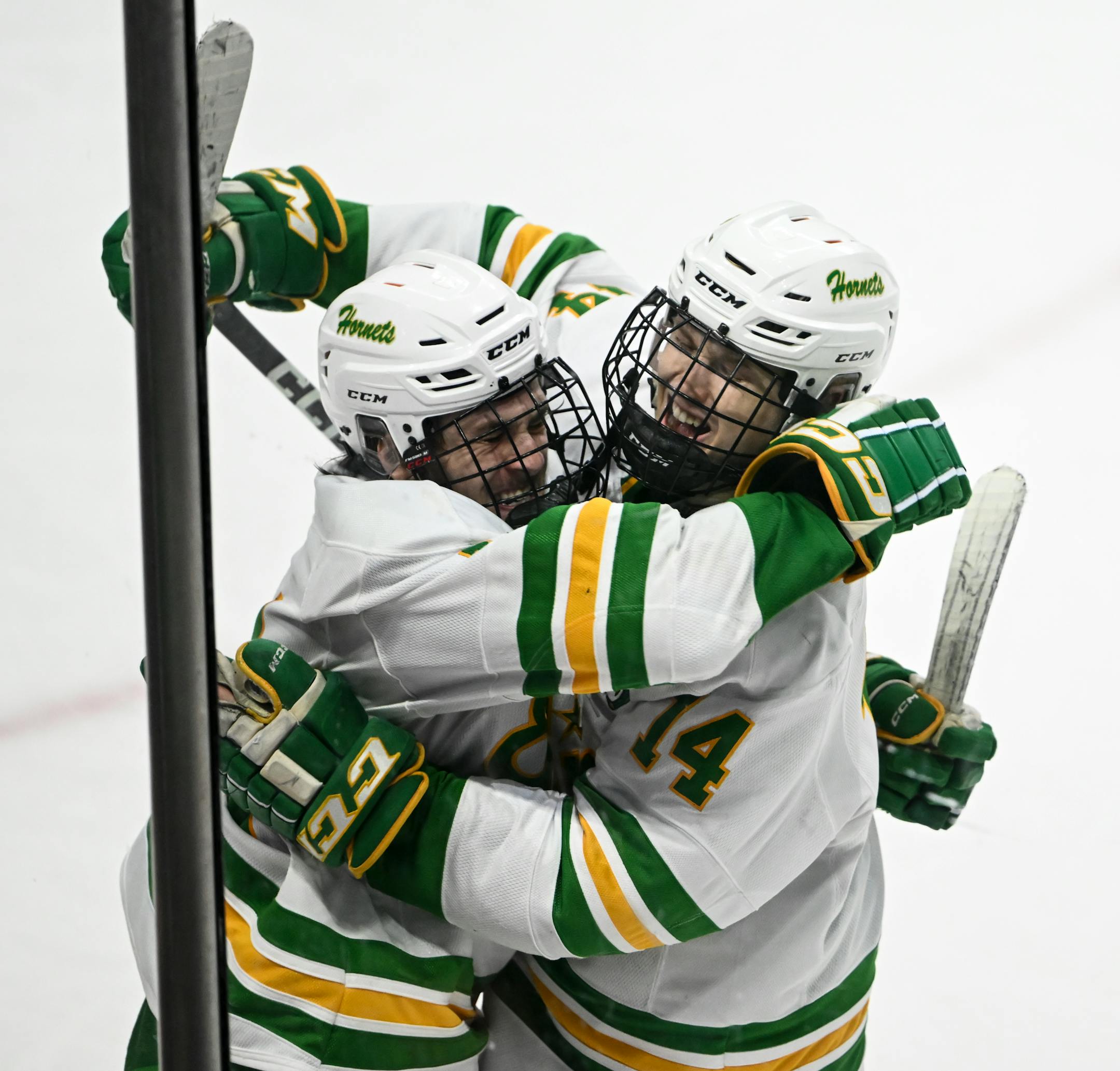 Edina forward Ryan Flaherty (11), left, and defenseman Charlie Sandven (14) celebrate an empty netter scored by Flaherty against Cretin-Derham Hall during the third period.