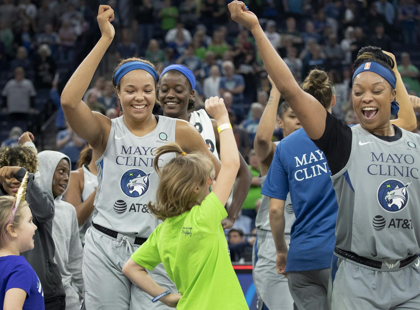 Minnesota Lynx Napheesa Collier and Odyssey Sims celebrated at the end of the game. ] CARLOS GONZALEZ &#x2022; cgonzalez@startribune.com - August 27, 2019, Minneapolis, MN, Target Center, WNBA, Minnesota Lynx vs. Chicago Sky