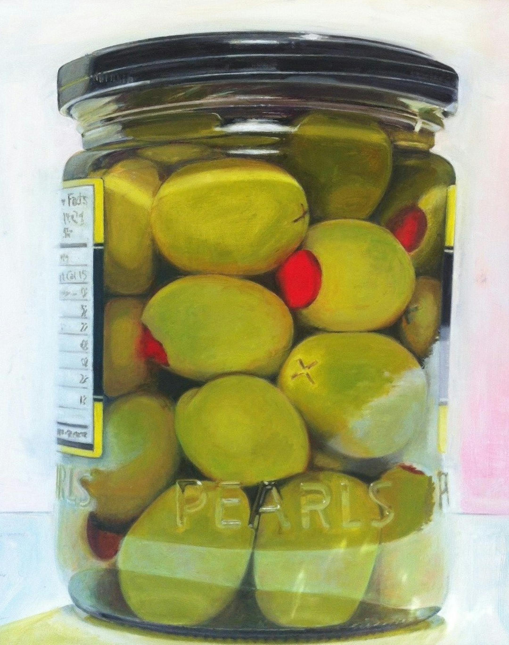 "Pimento-Stuffed Olive Jar," an oil painting by Cynthia Waltho, is one of the works on display at the Banfill-Locke Center for the Arts' "First Show" exhibit.