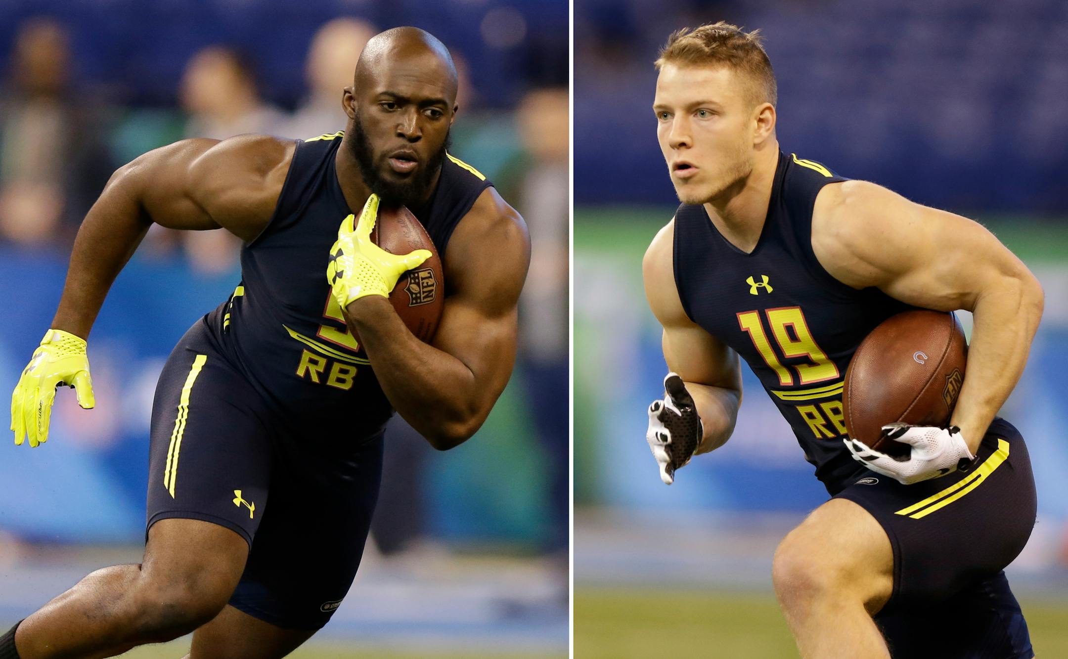 LSU running back Leonard Fournette, left, and Stanford running back Christian McCaffrey ran drills at the 2017 NFL combine.