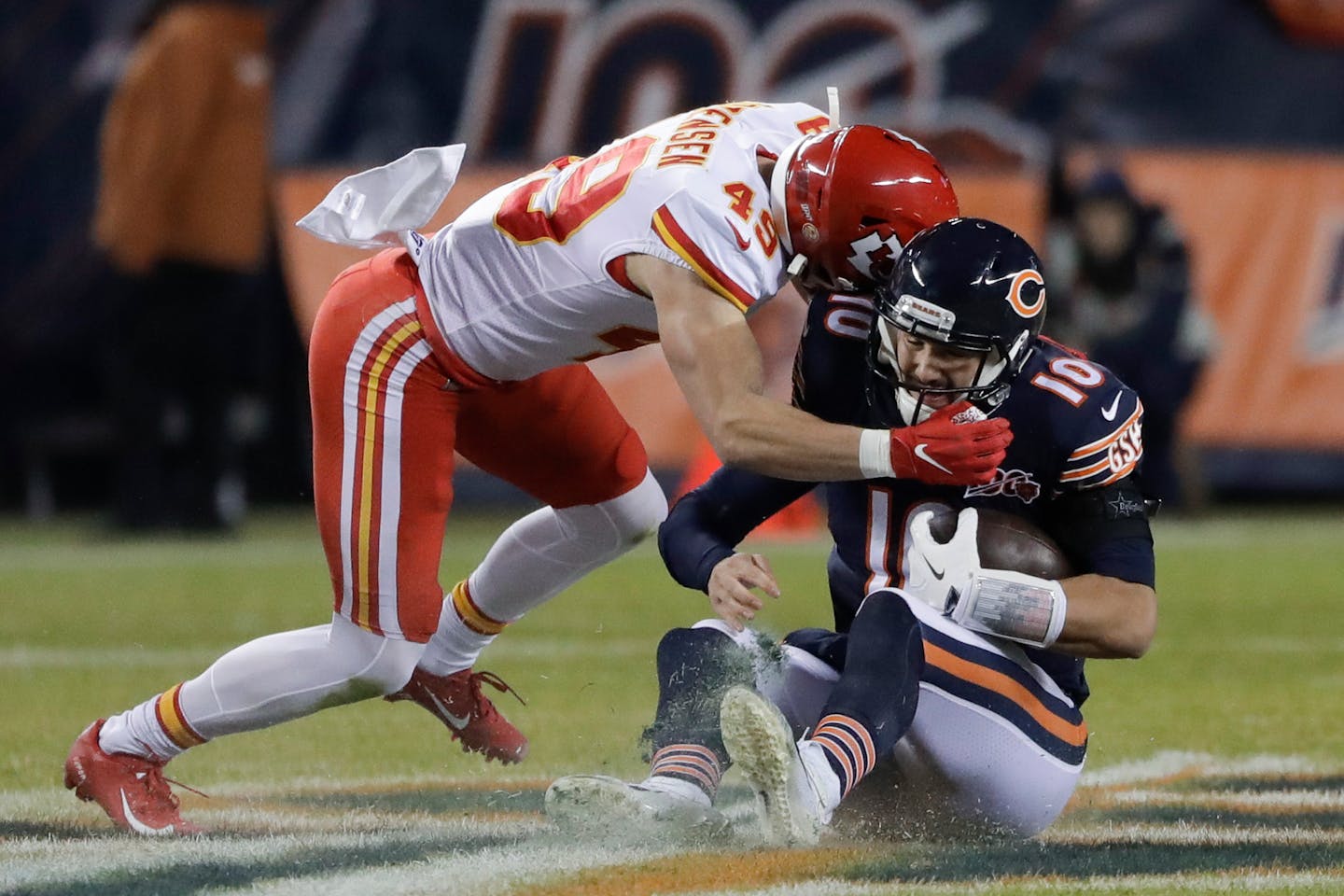 Chiefs defensive back Daniel Sorensen tackled Bears quarterback Mitchell Trubisky in the first half Sunday.