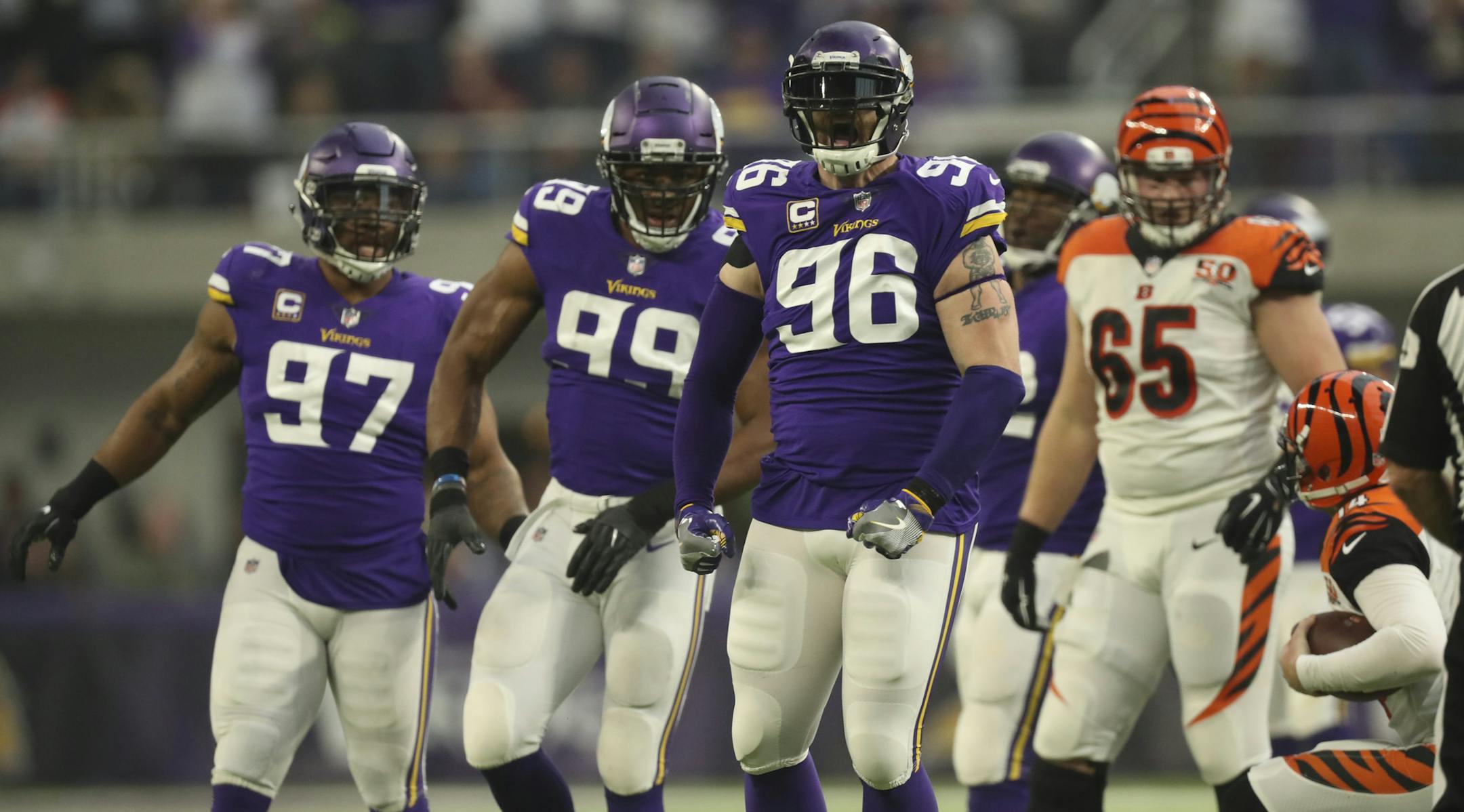 Minnesota Vikings defensive end Brian Robison (96) celebrated his sack of Bengals quarterback Andy Dalton for a six yard loss. ] JEFF WHEELER ï jeff.wheeler@startribune.com The Minnesota Vikings dominated the Cincinnati Bengals 34-7 to clinch the NFC North title Sunday afternoon, December 17, 2017 at U.S. Bank Stadium in Minneapolis.