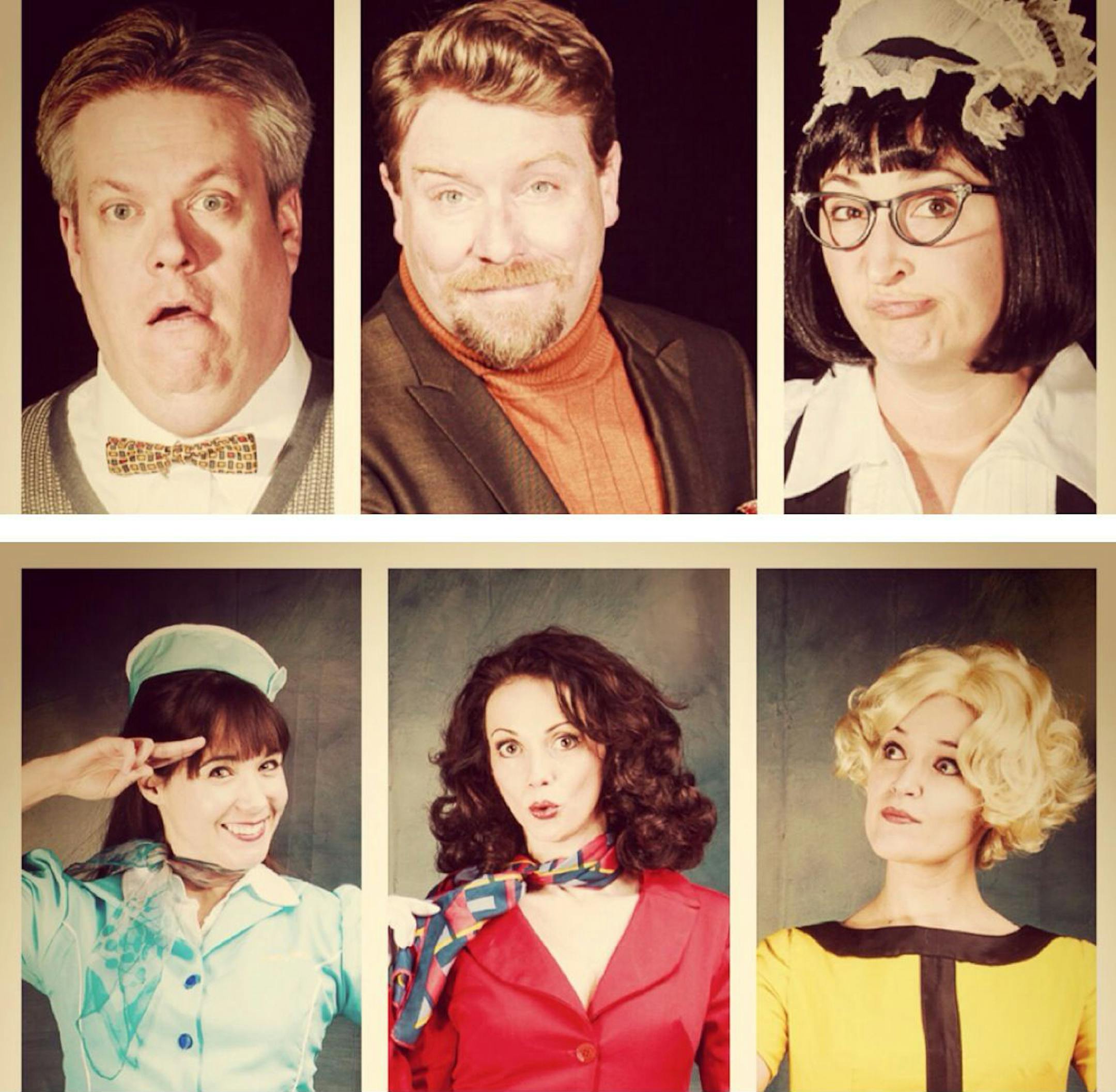 (Clockwise from upper left) Zach Curtis, Sam Landman, Mo Perry, Sara Richardson, Stacia Rice and Rachel Finch in "Boeing Boeing."