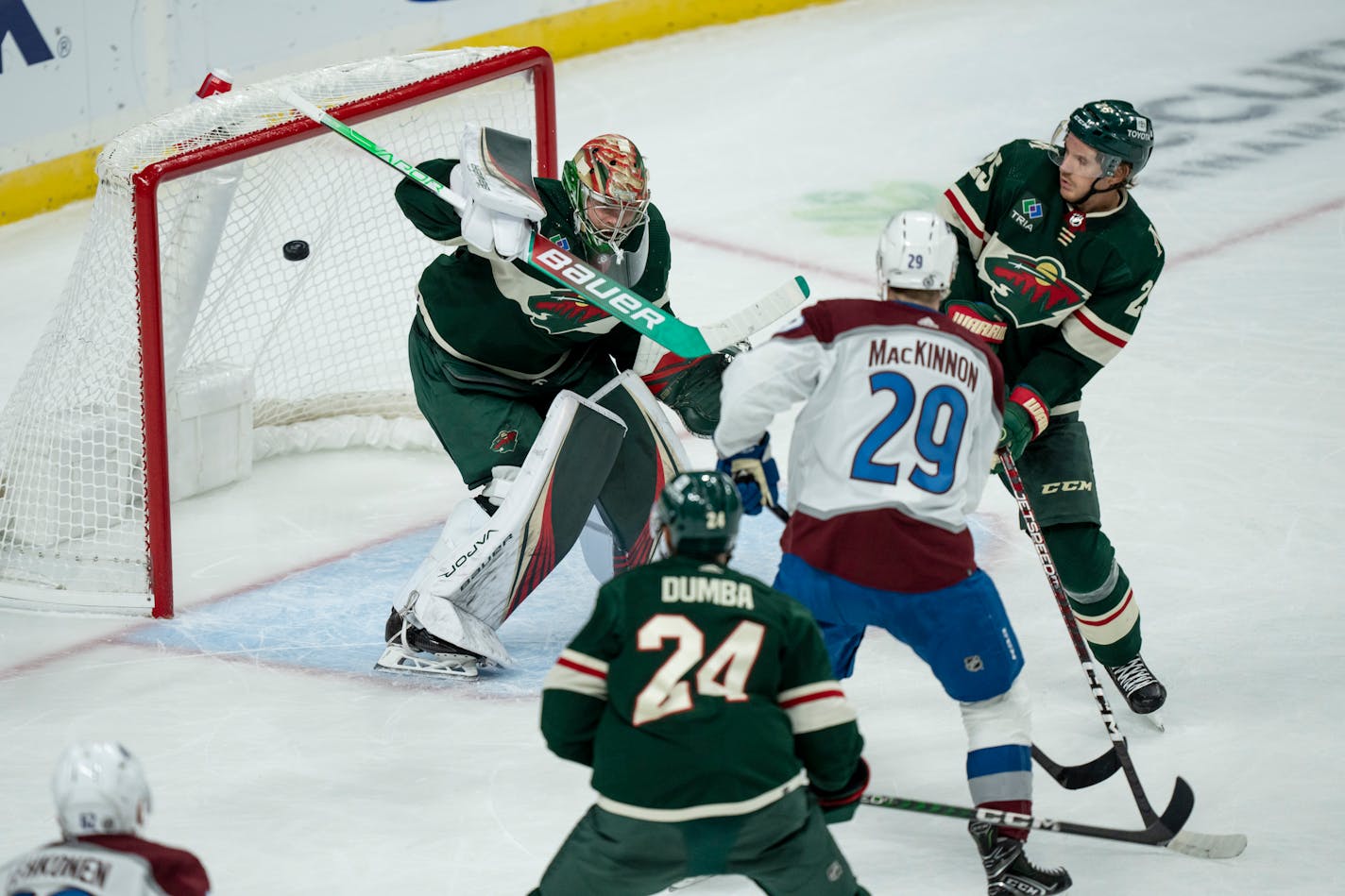 Colorado Avalanche center Nathan MacKinnon (29) scores on Minnesota Wild goaltender Filip Gustavsson (32) in the third period. The Minnesota Wild hosted the Colorado Avalance at the Xcel Energy Center on Monday, Oct. 17, 2022 in St. Paul, Minn. Colorado won 6-3. ] RENEE JONES SCHNEIDER • renee.jones@startribune.com