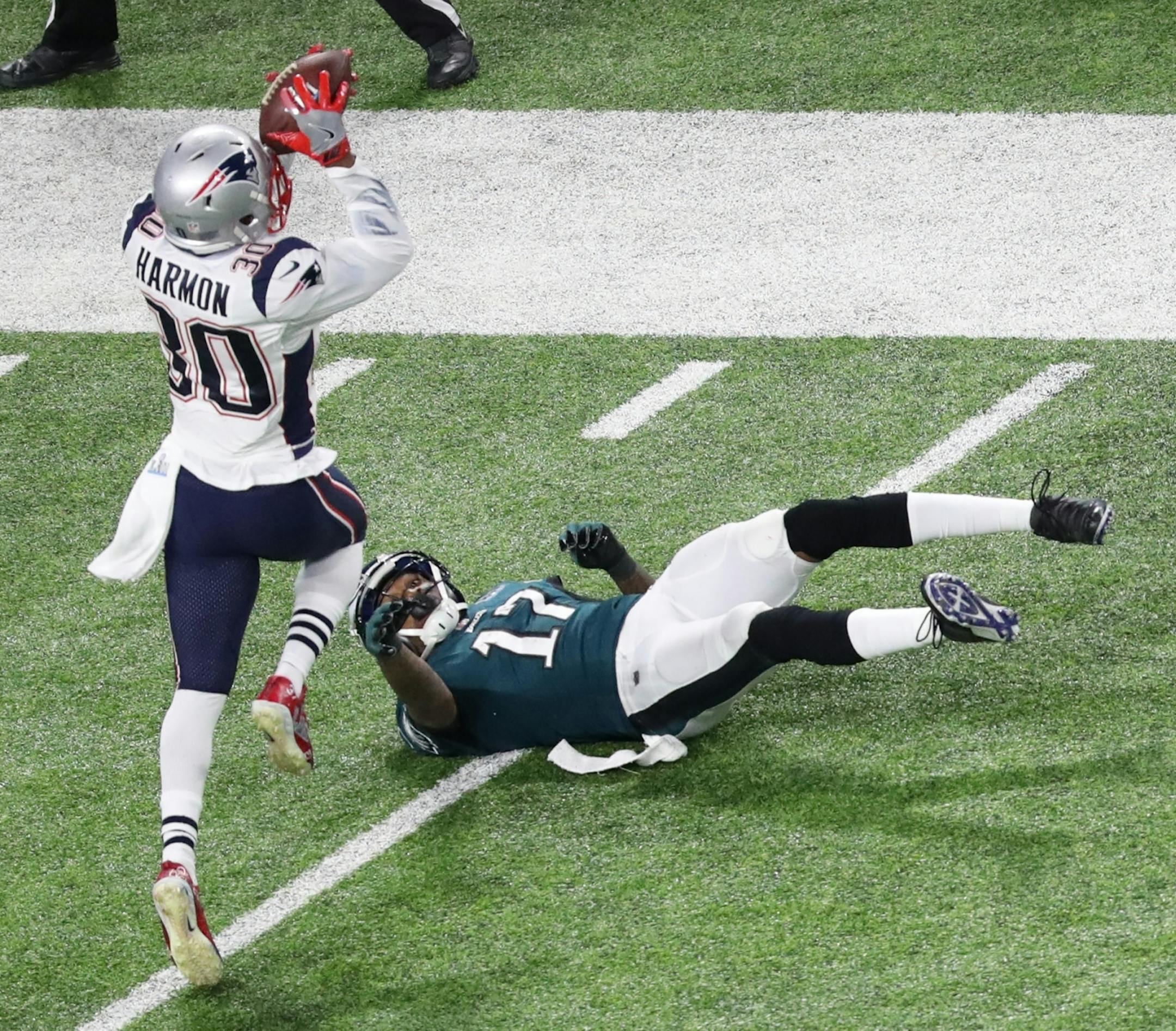 New England Patriots strong safety Duron Harmon (30) intercepted a pass intended for Philadelphia Eagles wide receiver Alshon Jeffery (17) deep in Eagles territory in the second quarter of Super Bowl LII. The Patriots then drove 90 yards for a touchdown.