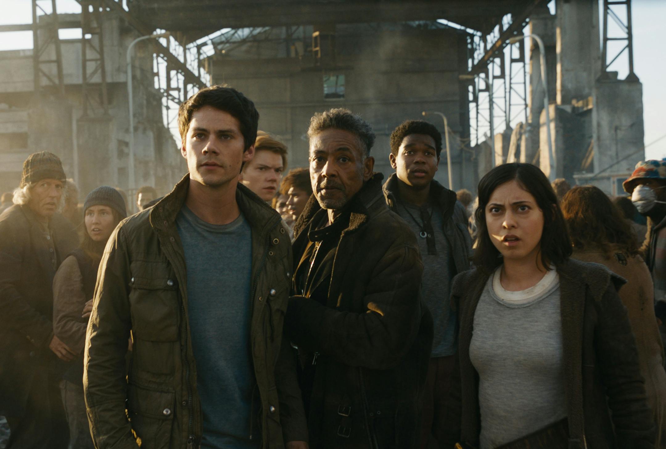 This image released by Twentieth Century Fox shows, foreground from left, Dylan O'Brien, Giancarlo Esposito and Rosa Salazar in a scene from "Maze Runner: The Death Cure." (Twentieth Century Fox via AP)