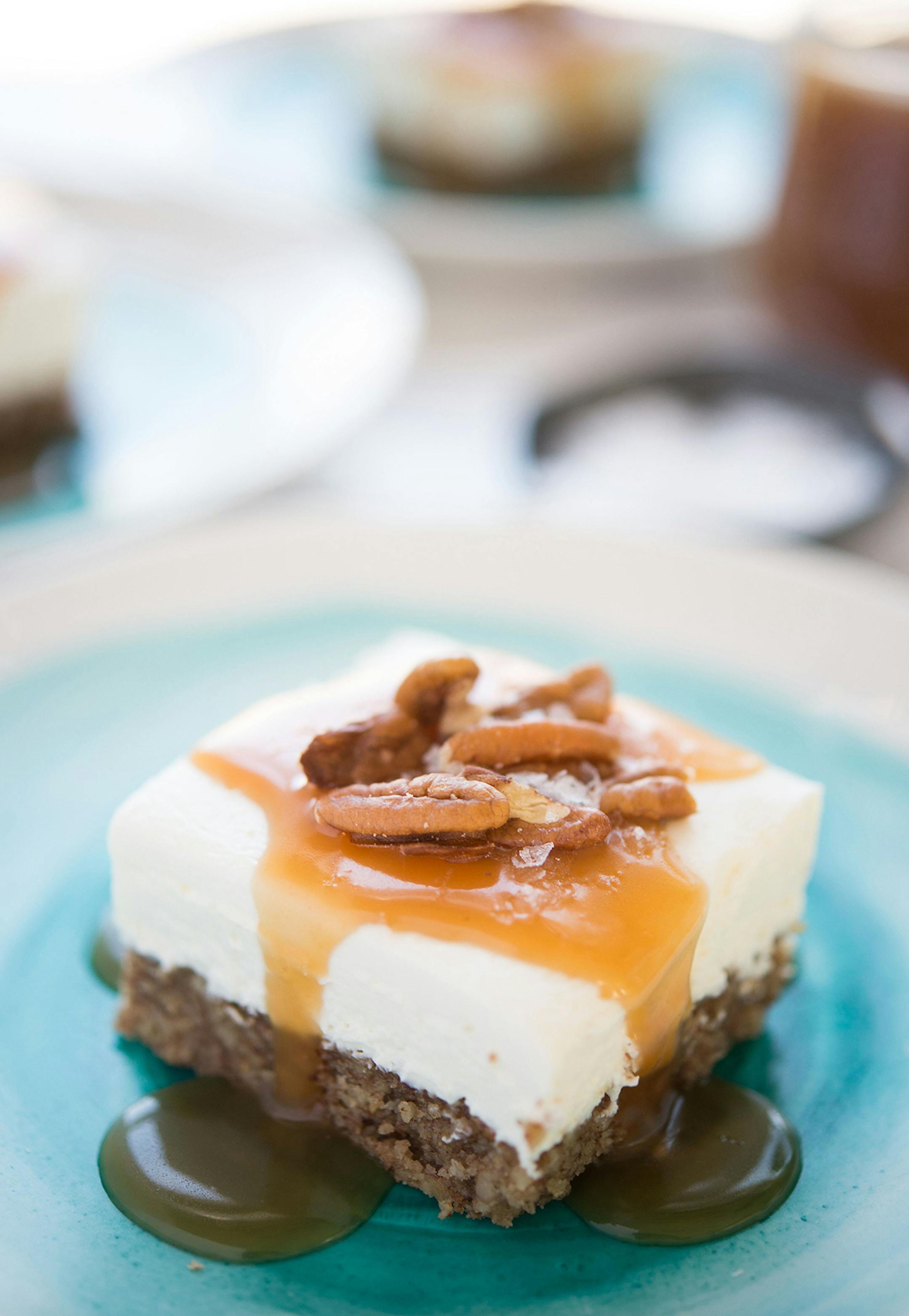 Labneh Cheesecake Bars with Salted Honey Sauce: A no-bake filling means youíll enjoy this delicious dessert that much faster. Credit: Maria Siriano ORG XMIT: tms20160712104413