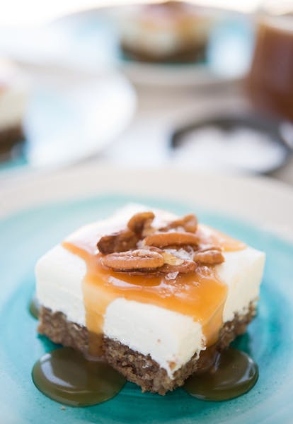 Labneh Cheesecake Bars with Salted Honey Sauce: A no-bake filling means you&#xed;ll enjoy this delicious dessert that much faster. Credit: Maria Siria