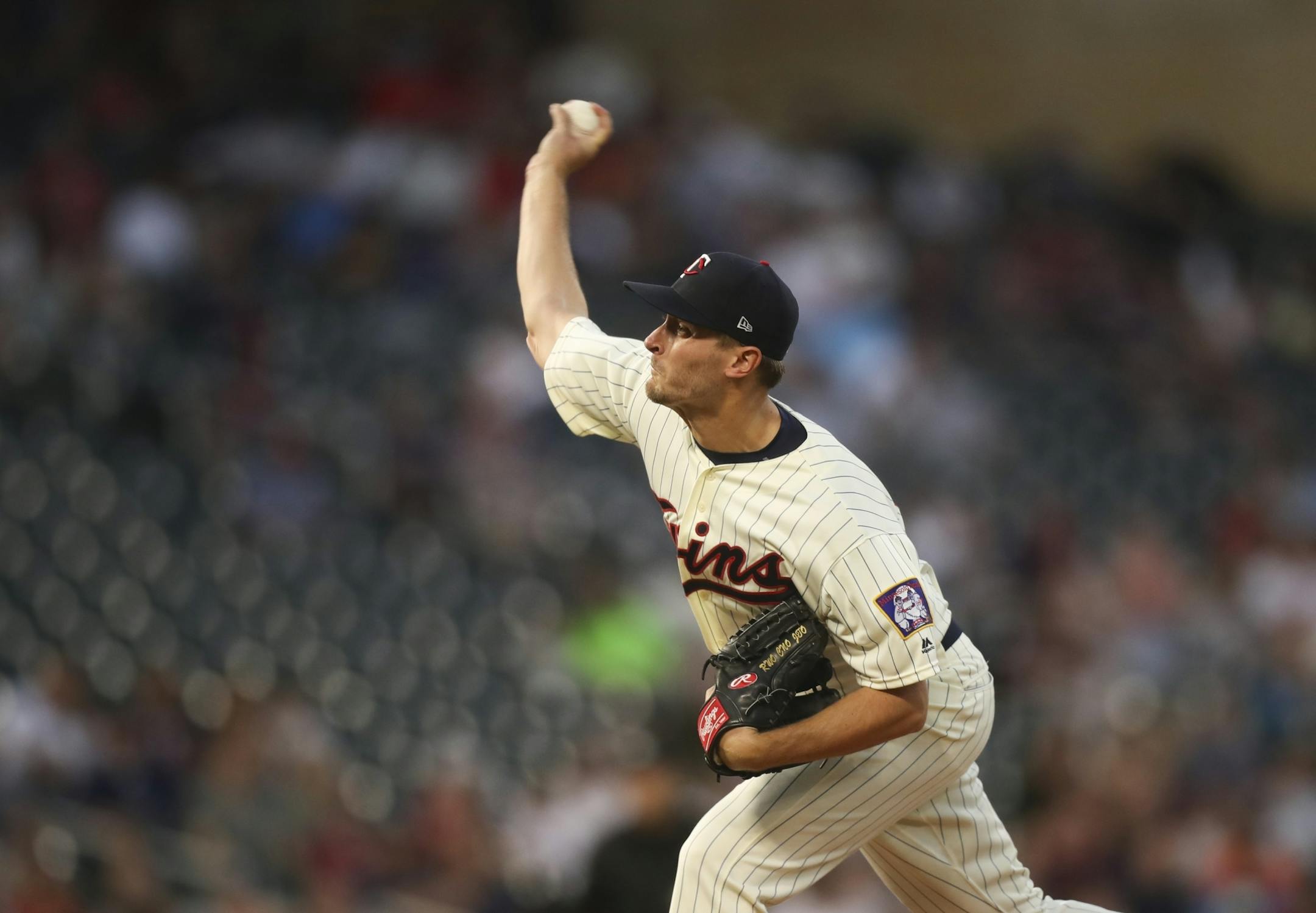 Minnesota Twins starting pitcher Jake Odorizzi throwing the against the Yankees in the first inning.
