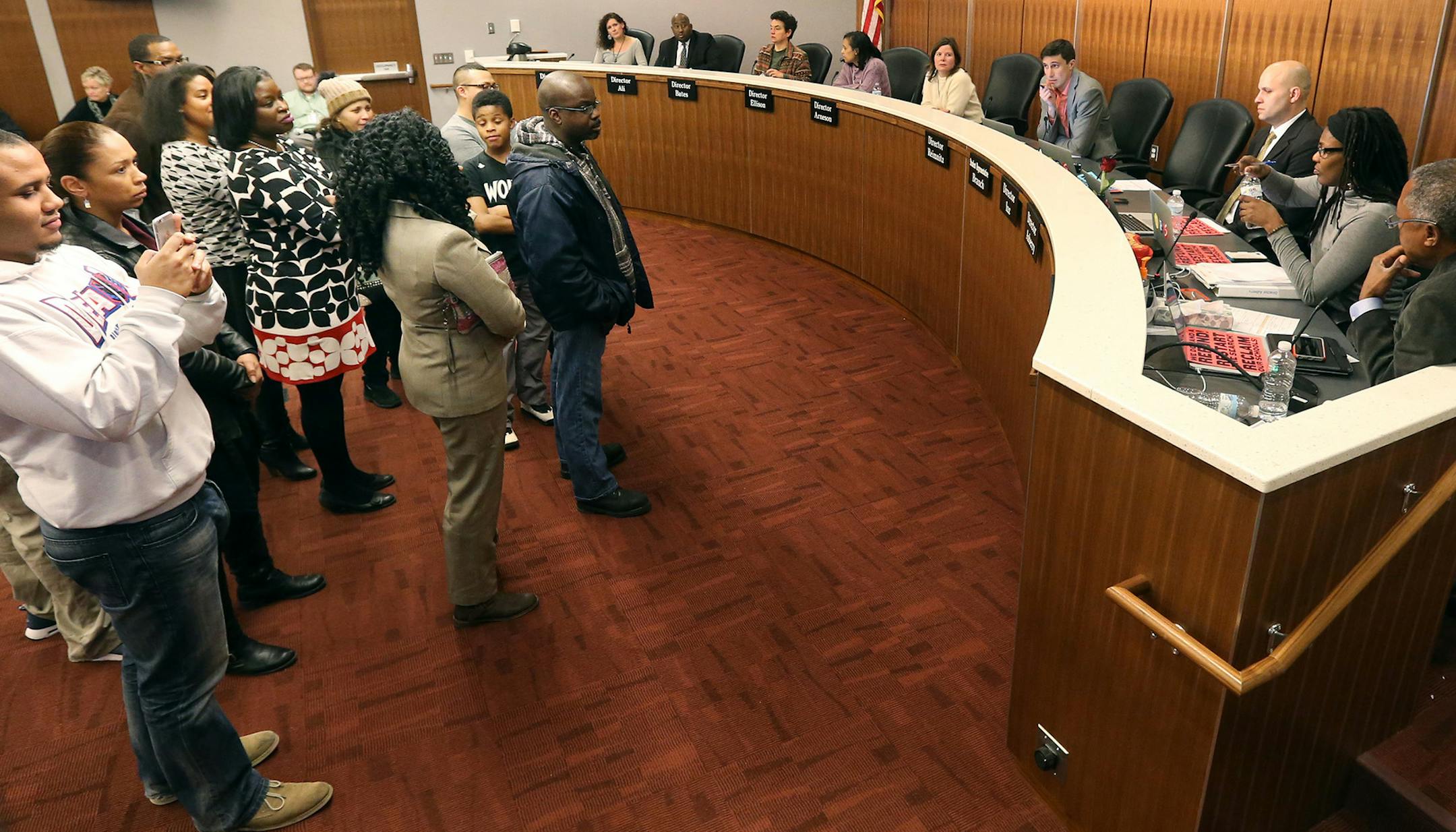 In the midst of a motion to select interim superintendent Michael Goar as the board's preferred candidate, protestors shut down the school board meeting. Tuesday January 12, 2016 in Minneapolis, MN. ] The Minneapolis school board will decide the fate of Sergio Paez, the man they selected to the lead the district. Jerry Holt/Jerry.Holt@Startribune.com ORG XMIT: MIN1601122213320601