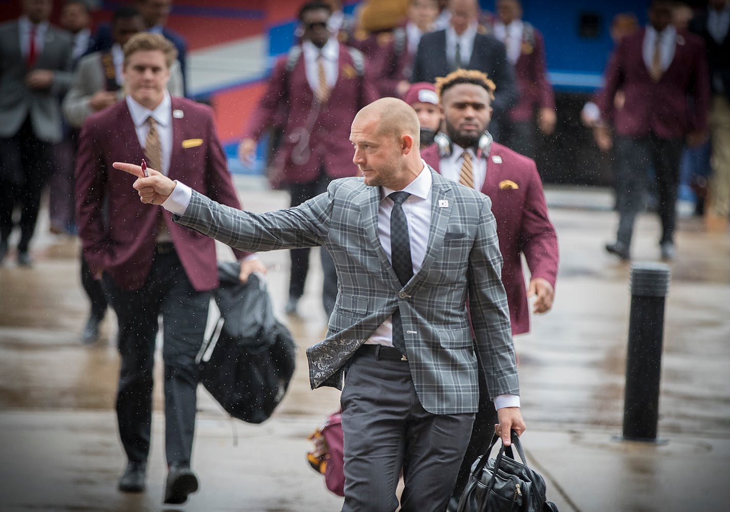 Minnesota coach P.J. Fleck led the team into the stadium before the Gophers took on Michigan State at TCF Bank Stadium