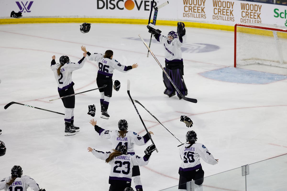 Minnesota players celebrate after defeating Boston in Game 5 to win the PWHL Walter Cup on Wednesday in Lowell, Mass.