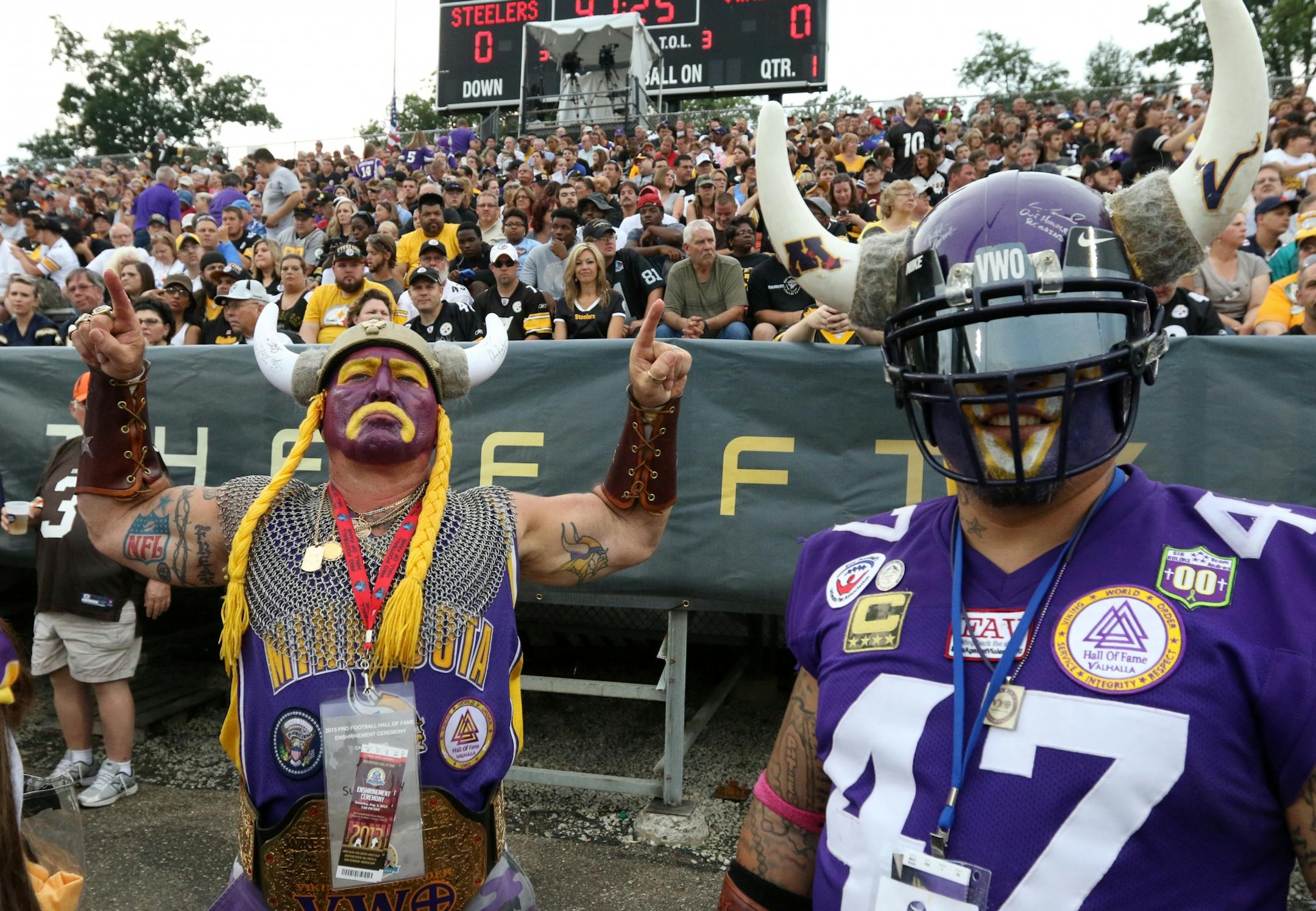 Vikings super fans Sid Davey and David Garza showed up in Canton to support the Vikings during their 1st preseason game of the season.