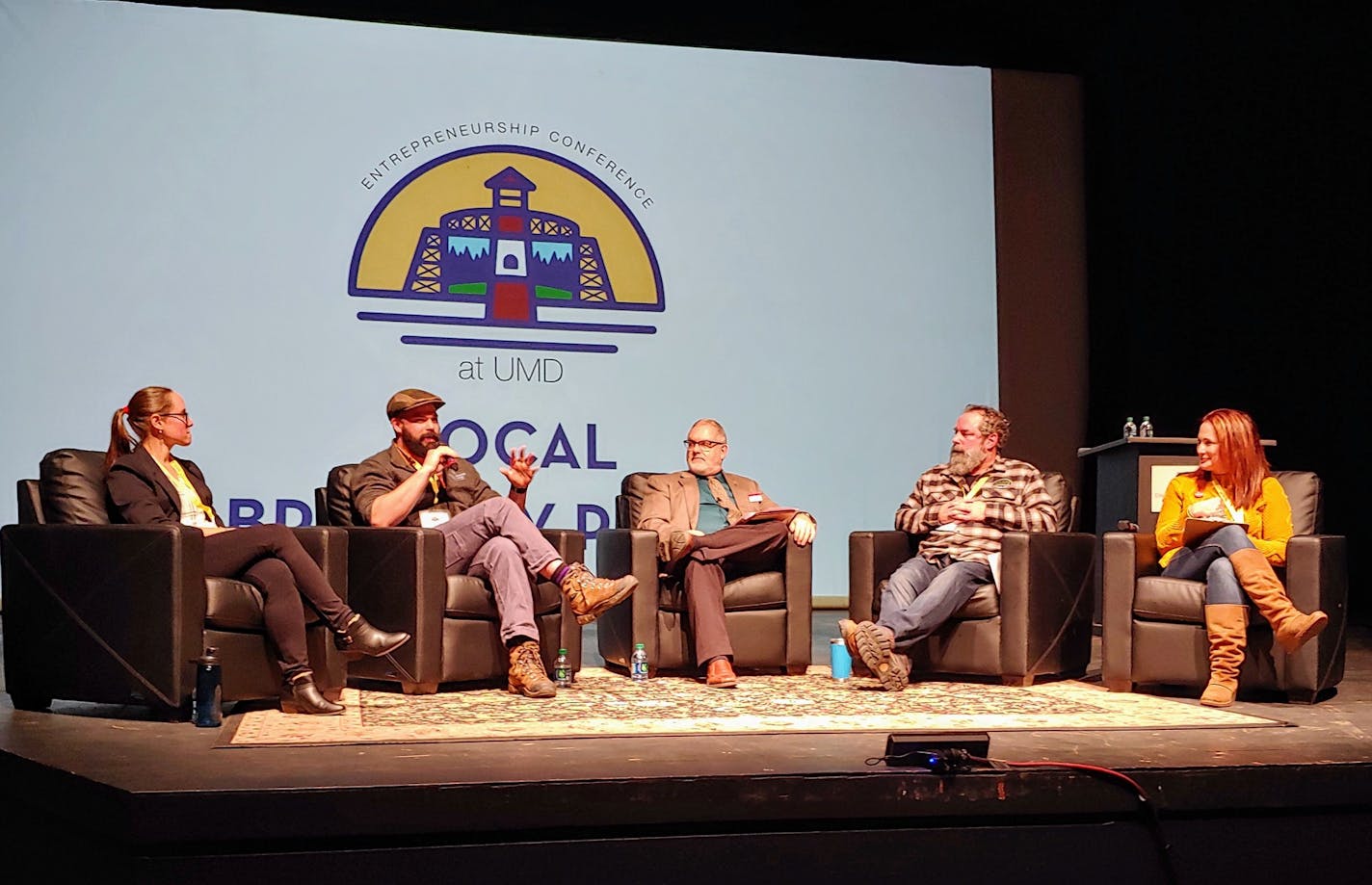 A panel at the University of Minnesota Duluth Entrepreneurship Conference featured, from left, Jamie MacFarlane, Castle Danger Brewing co-owner; Ben Hugus, Ursa Minor Brewing CEO; UMD professor Geoff Bell; Dave Hoops, Hoops Brewing owner and brewer; Laura Mullen, Bent Paddle co-founder.