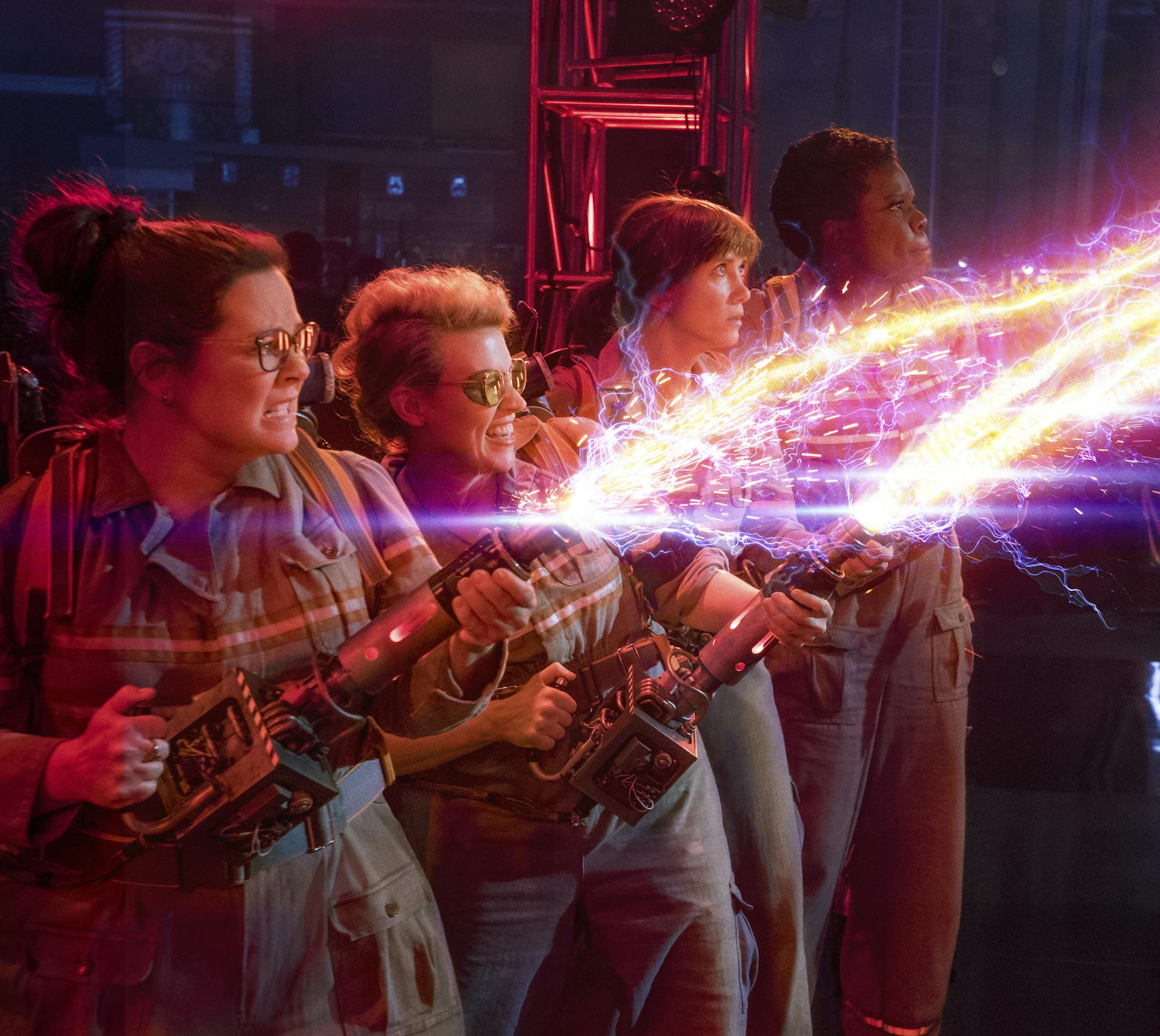 The Ghostbusters Abby (Melissa McCarthy), Holtzmann (Kate McKinnon), Erin (Kristen Wiig) and Patty (Leslie Jones) in Columbia Pictures' GHOSTBUSTERS. ORG XMIT: Kristen Wiig (Finalized);Kate Mc