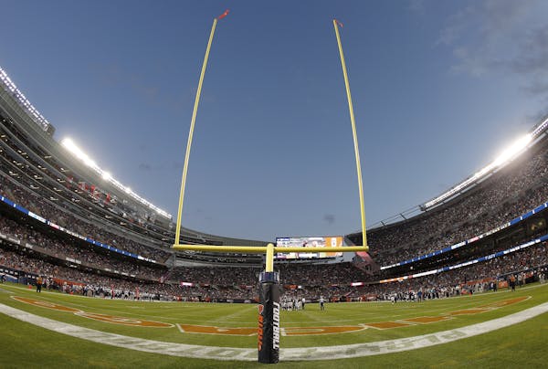A general, overall view of the interior of Soldier Field as seen from field level in the end zone during an NFL preseason football game between the Te