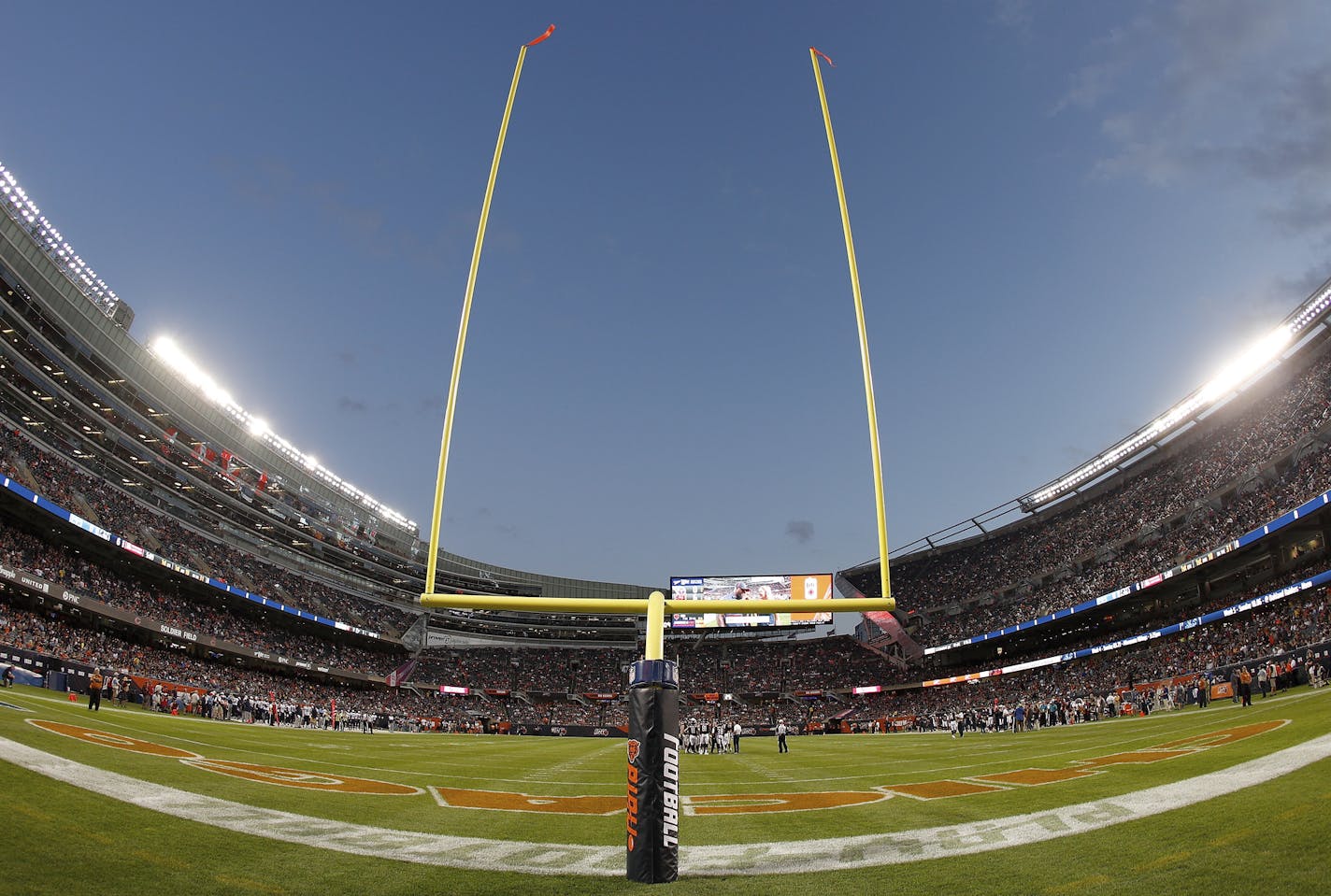 A general, overall view of the interior of Soldier Field as seen from field level in the end zone during an NFL preseason football game between the Tennessee Titans against the Chicago Bears, Thursday, Aug. 29, 2019 in Chicago. The Titans defeated the bears 19-15. (Scott Boehm via AP) ORG XMIT: FBNCTR