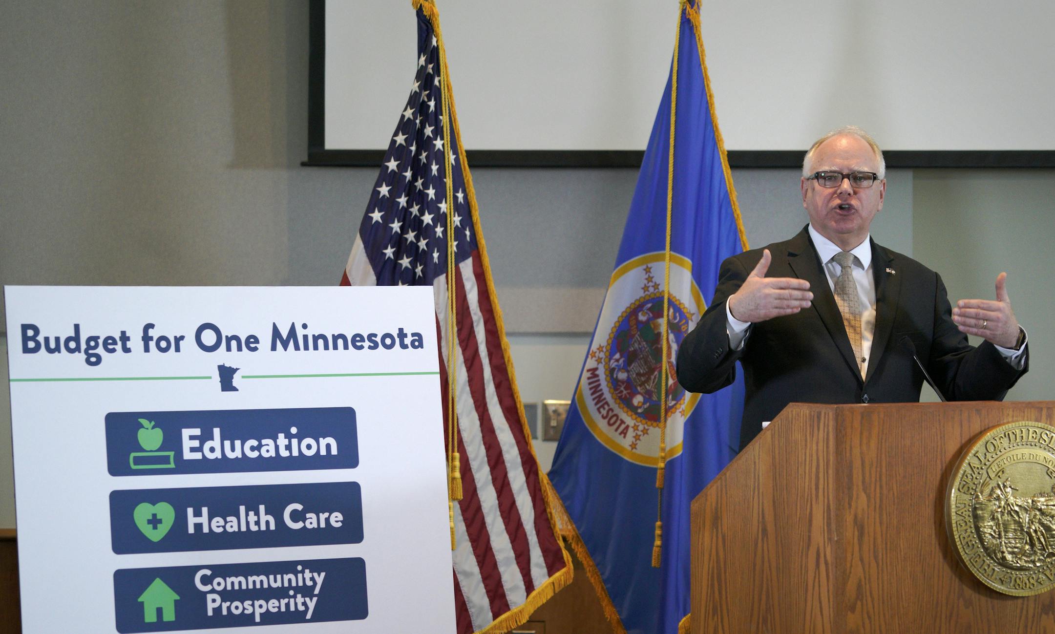 Minnesota Gov. Tim Walz proposes a state budget that would raise gas and vehicle taxes and spend more money on priorities he touted as a candidate, such as roads and bridges, schools and affordable health care coverage, on Feb. 19, 2019 in St. Paul, Minn. (Brian Peterson/Minneapolis Star Tribune/TNS)