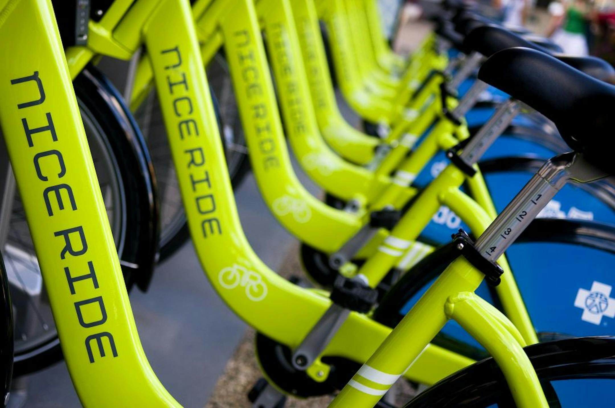 Nice Ride bikes remain locked at the most used station in Minneapolis, the Peavey Plaza station.