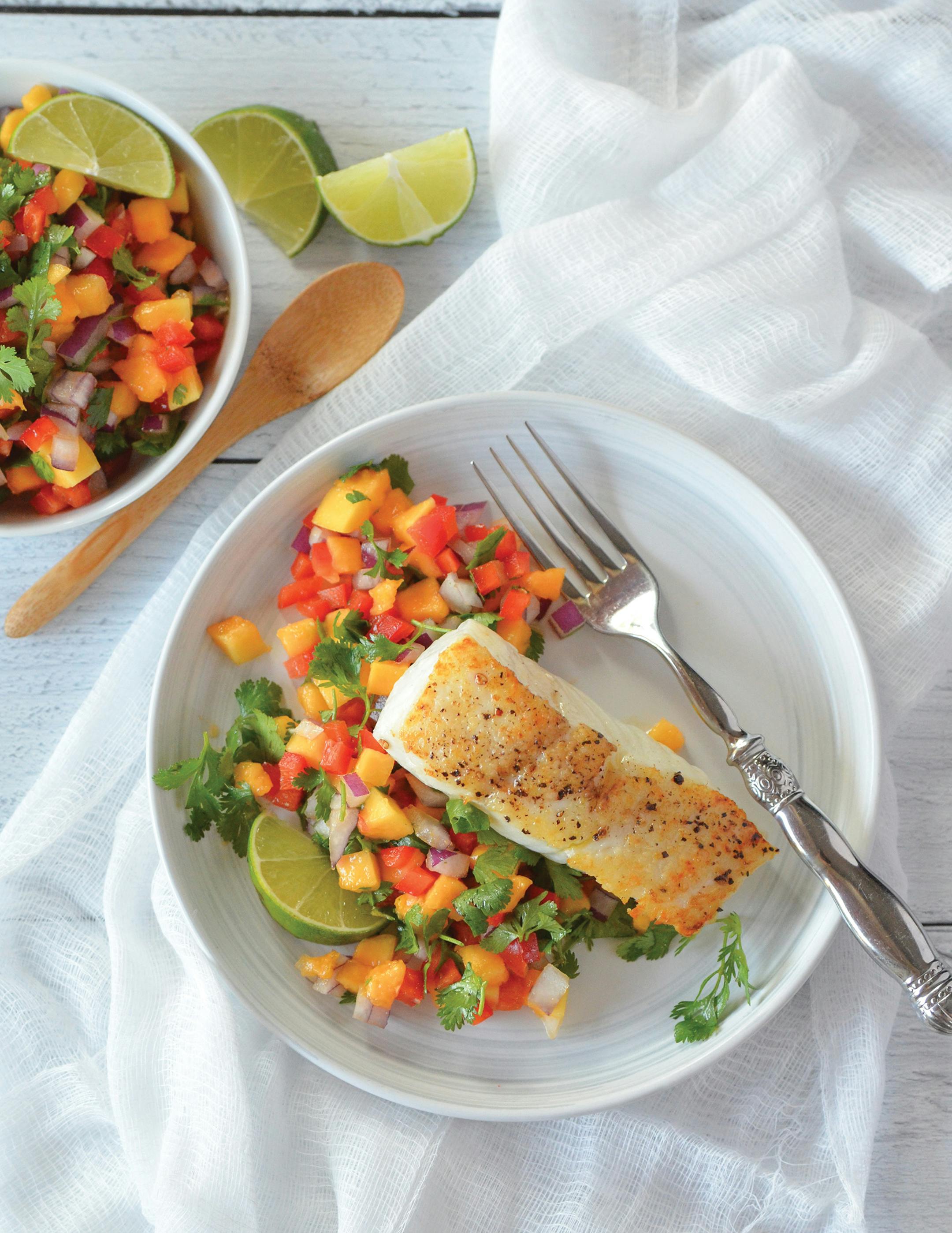 White Fish with Papaya Red Pepper Salsa, from "For the Love of Seafood" by Karista Bennett (Countryman 2023). Photo provided