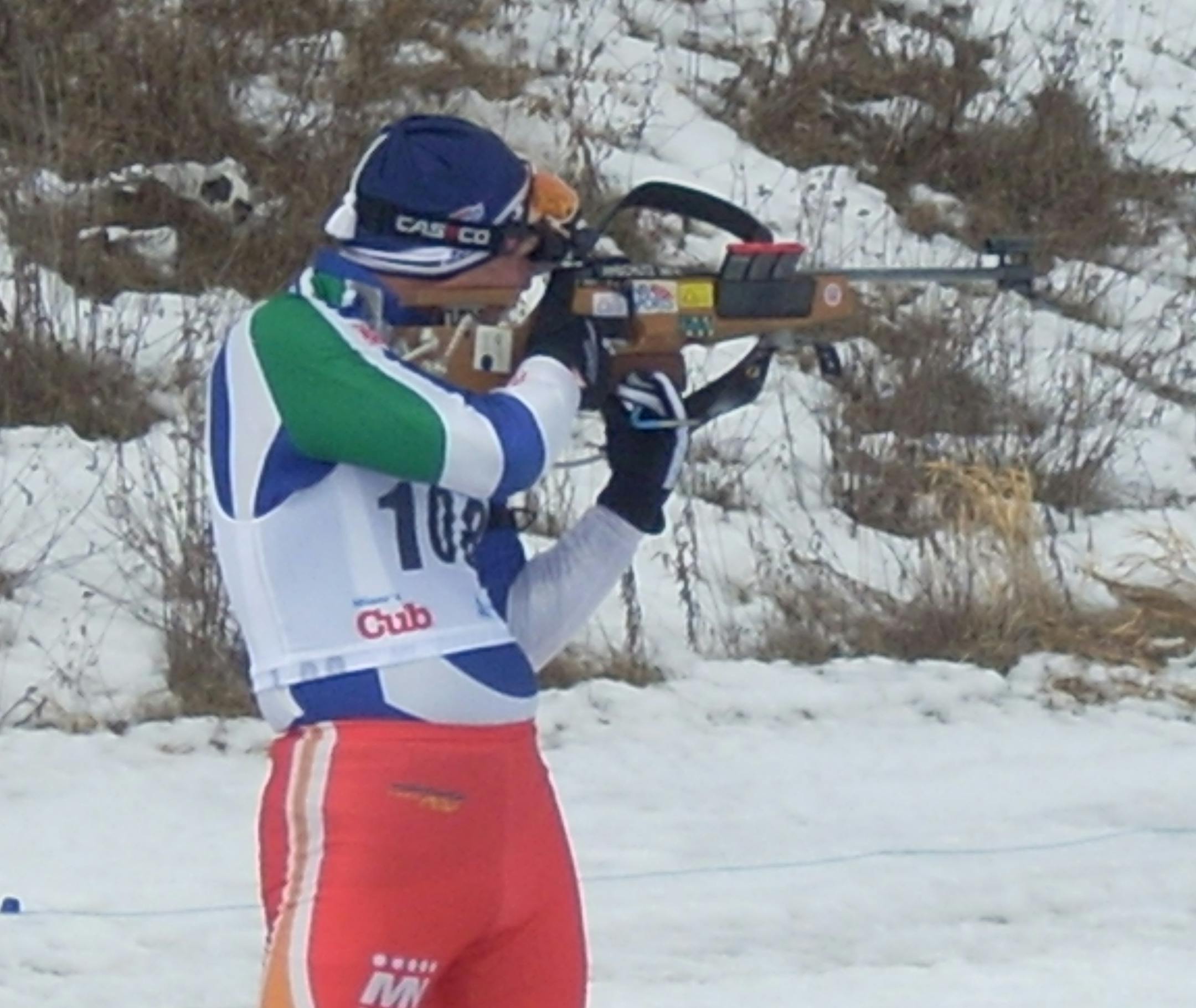 Lou Chouinard shooting at the U.S. National Biathlon Championship in March 2008 in Coleraine, Minn.