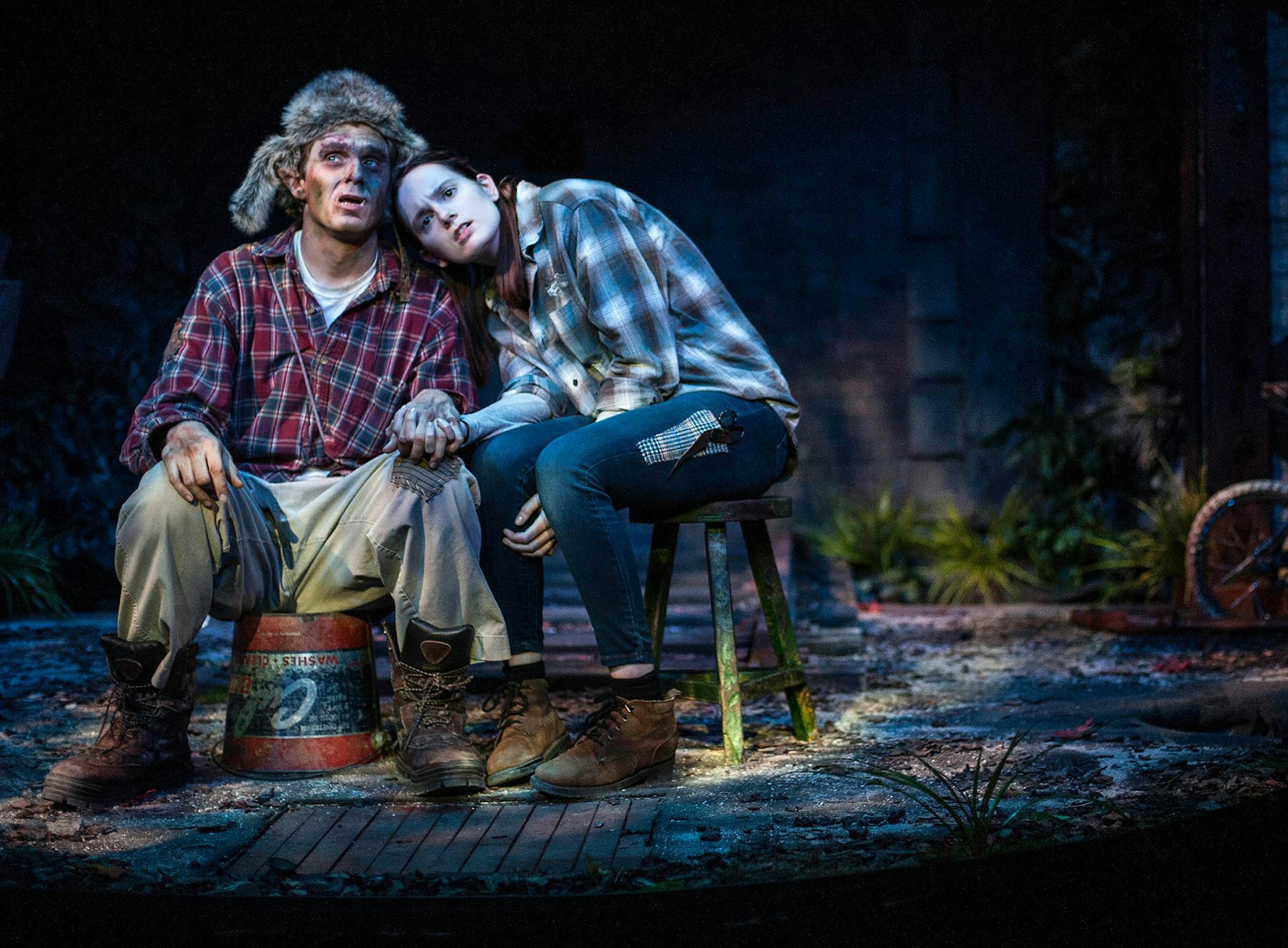 Neal Skoy as the Troll and Chlo&#xe9; Bell as The Girl with Scissors in "The Beldenville Troll: A New England Gothic" at Open Eye. Photo by Bruce Silcox